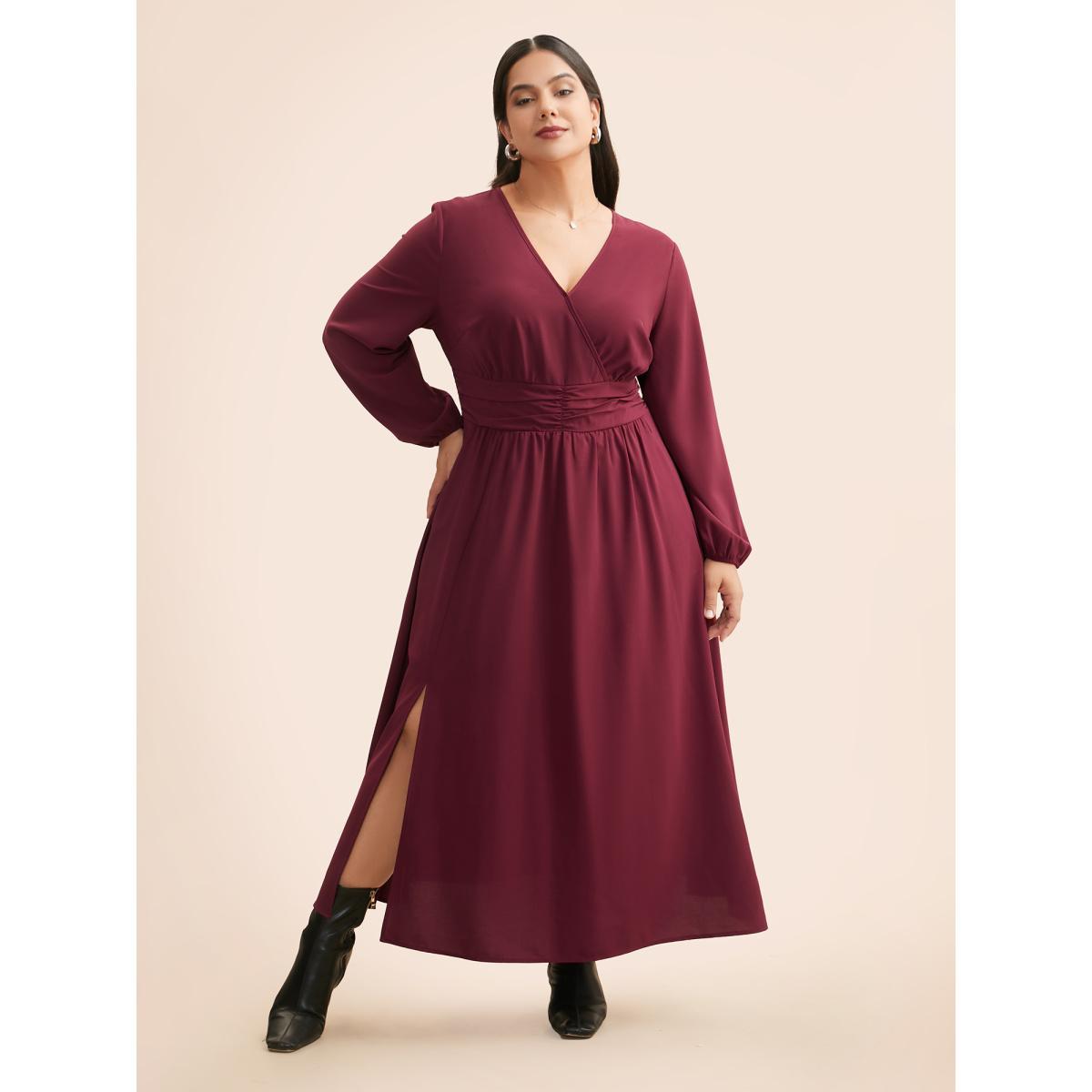 Plus Size Overlap Collar Ruched Lantern Sleeve Maxi Dress Burgundy Women Elegant Gathered Overlap Collar Long Sleeve Curvy BloomChic 30/6X Product Image