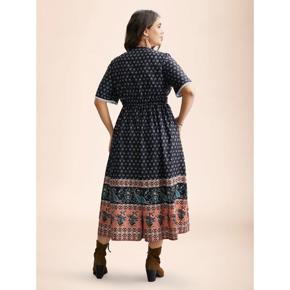 Plus Size Boho Print Tassel-Tie Pockets Midi Dress DarkBlue Women Resort Woven ribbon&lace trim V-neck Short sleeve Curvy BloomChic 14-16/1X Product Image