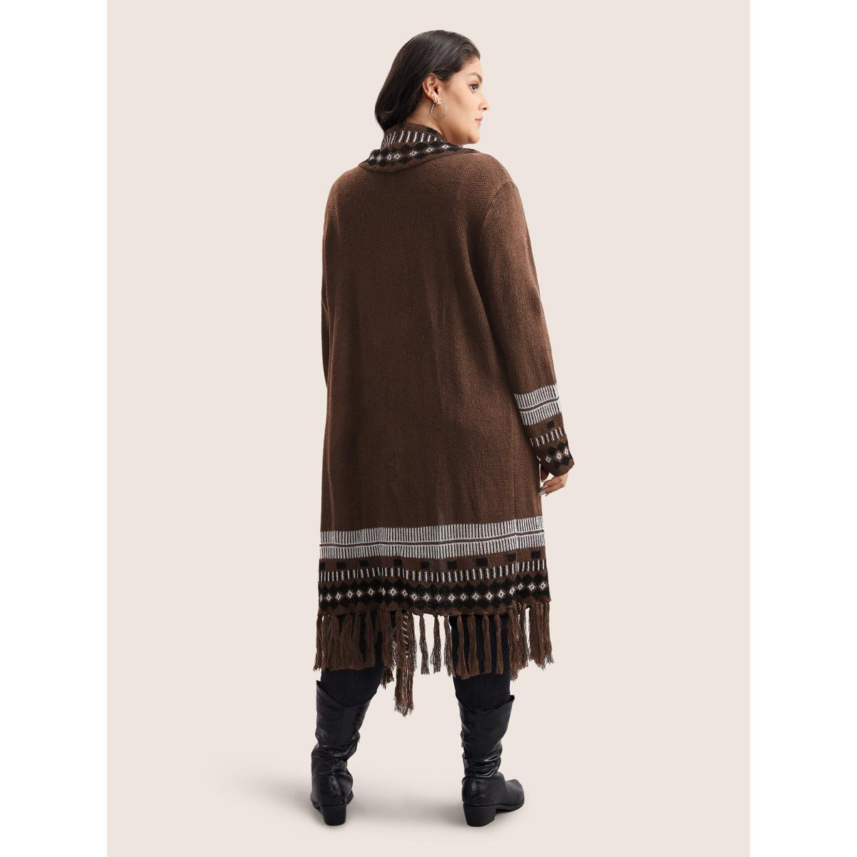 Plus Size Bandana Print Fringe Trim Maxi Cardigan Stone Women Casual Long Sleeve Everyday Cardigans BloomChic 14-16/1X Product Image