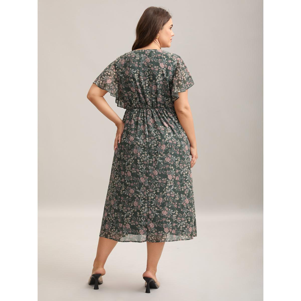 Plus Size Chiffon Floral Print Ruffled Midi Dress Greenbean Women Elegant Ruffles Round Neck Short sleeve Curvy BloomChic 28/5X Product Image