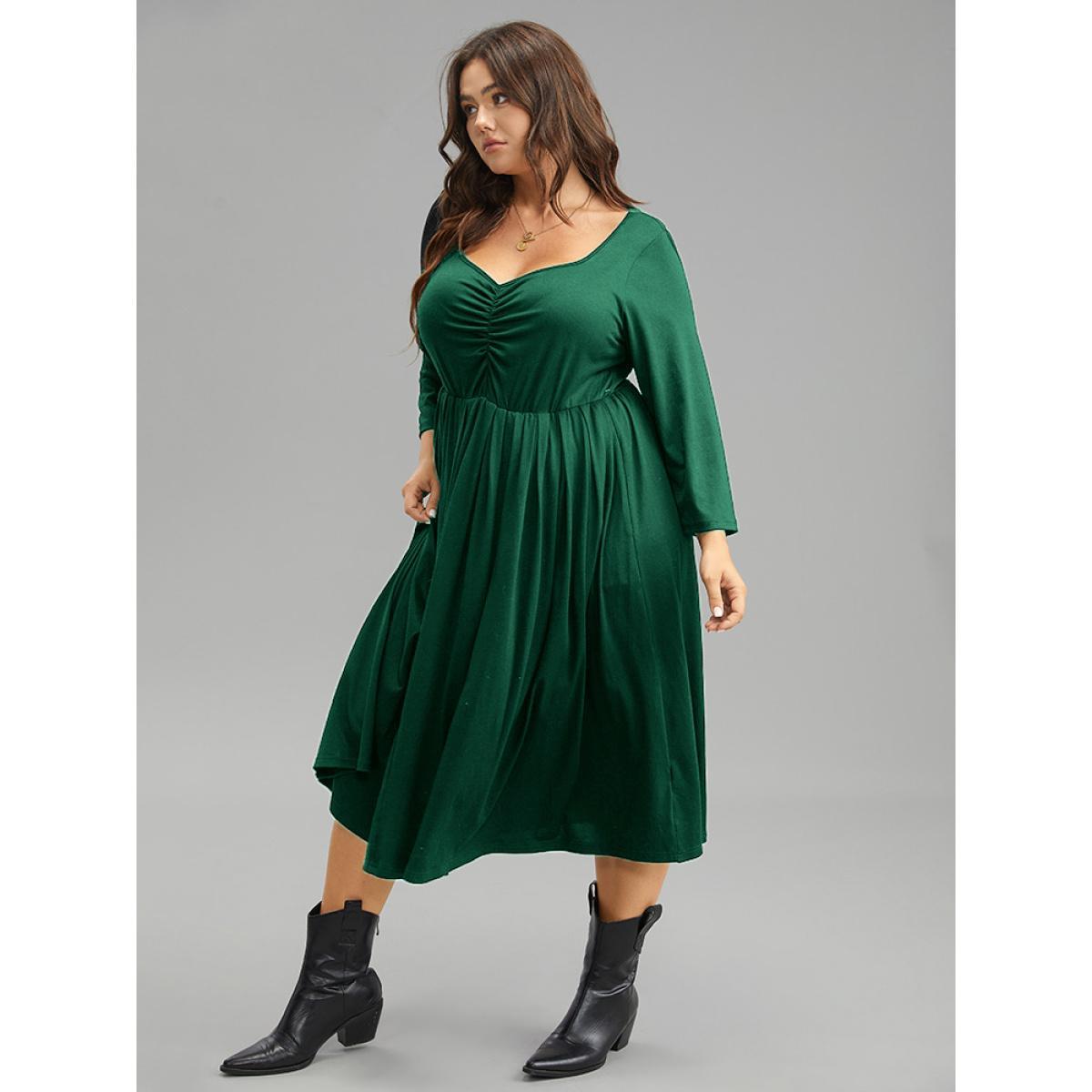 Plus Size Supersoft Essentials Square Neck Ruched Dress DarkGreen Women Casual Gathered Square Neck Elbow-length sleeve Curvy Midi Dress BloomChic 26/4X Product Image