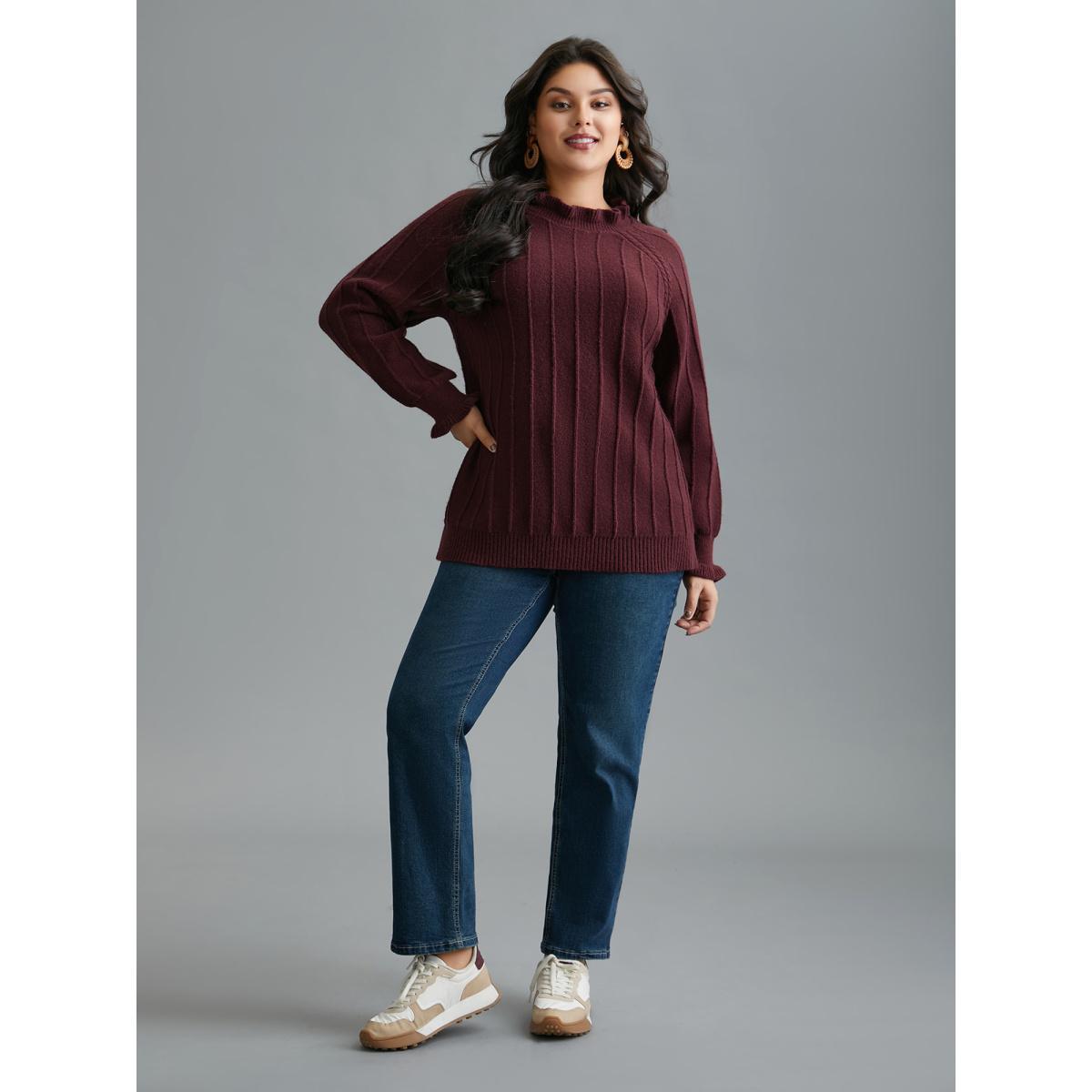 Plus Size Supersoft Essentials Ruffles Neck Raglan Sleeve Pullover Deeppurplered Women Casual Loose Long Sleeve Round Neck Everyday Pullovers BloomChic 14-16/1X Product Image