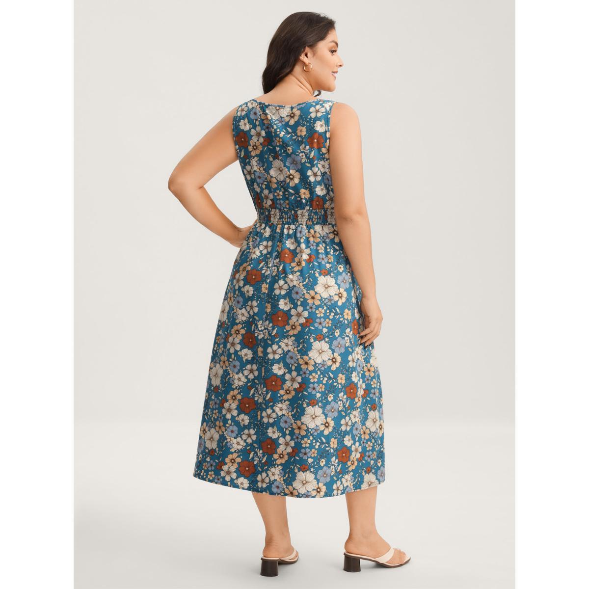 Plus Size Floral Print Shirred Waist Midi Dress Mediumblue Women Square Neck Sleeveless Curvy BloomChic 14-16/1X Product Image