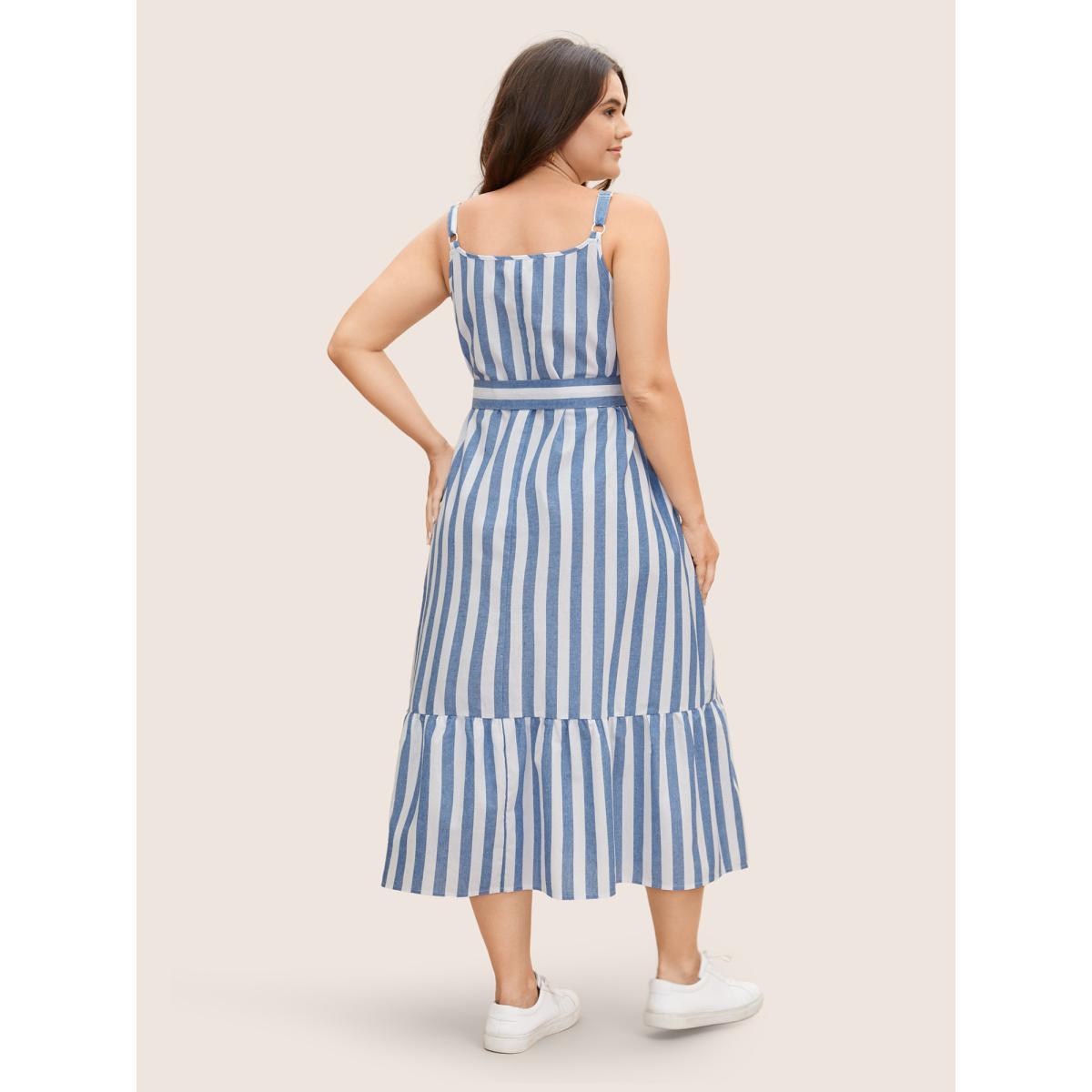 Plus Size Striped Linen Blend Ruffle Layered Hem Dress LightBlue Women Casual Belted Square Neck Sleeveless Curvy BloomChic 12/L Product Image