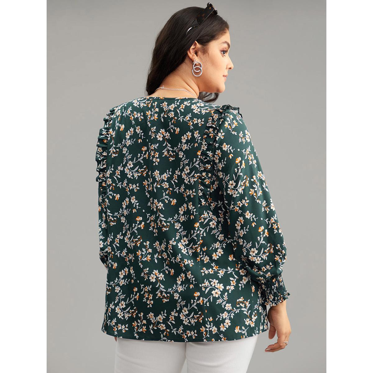 Plus Size DarkGreen Ditsy Floral Shirred Cuffs Frill Trim Blouse Women Elegant Long Sleeve Round Neck Dailywear Blouses BloomChic 18-20/2X Product Image