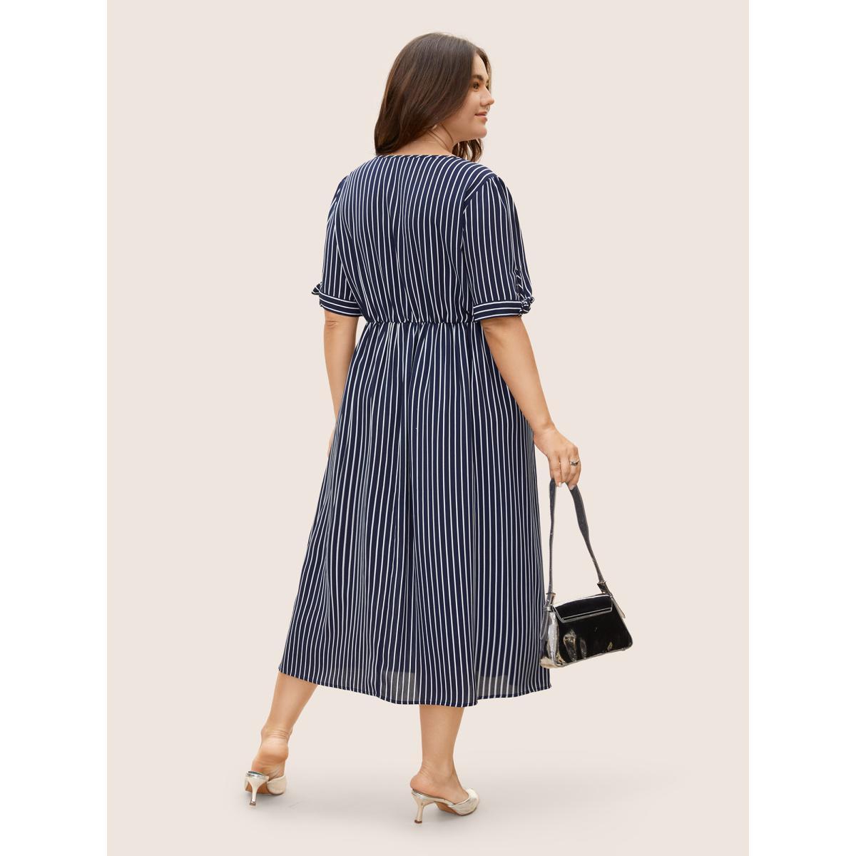 Plus Size Striped Knot Sleeve Button Detail Dress Midnight Women At the Office Tie knot V-neck Short sleeve Curvy BloomChic 10/M Product Image