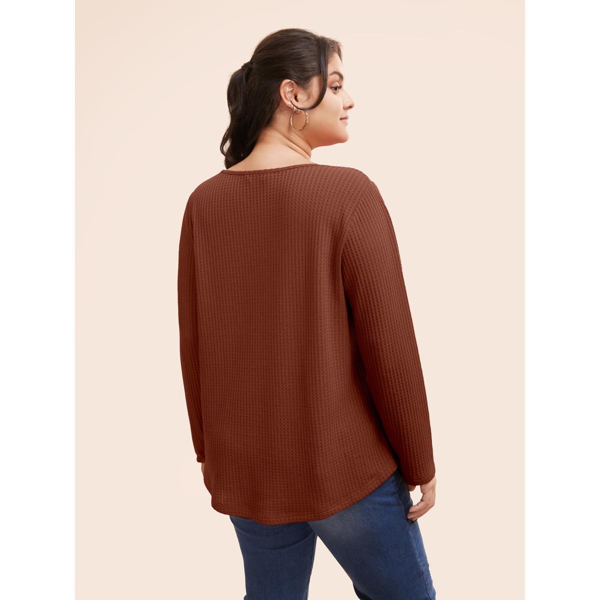 Plus Size Plain Waffle Knit Scoop Neck Plicated Detail T-shirt Rust Women Casual Non Plain V-neck Everyday T-shirts BloomChic 12/L Product Image
