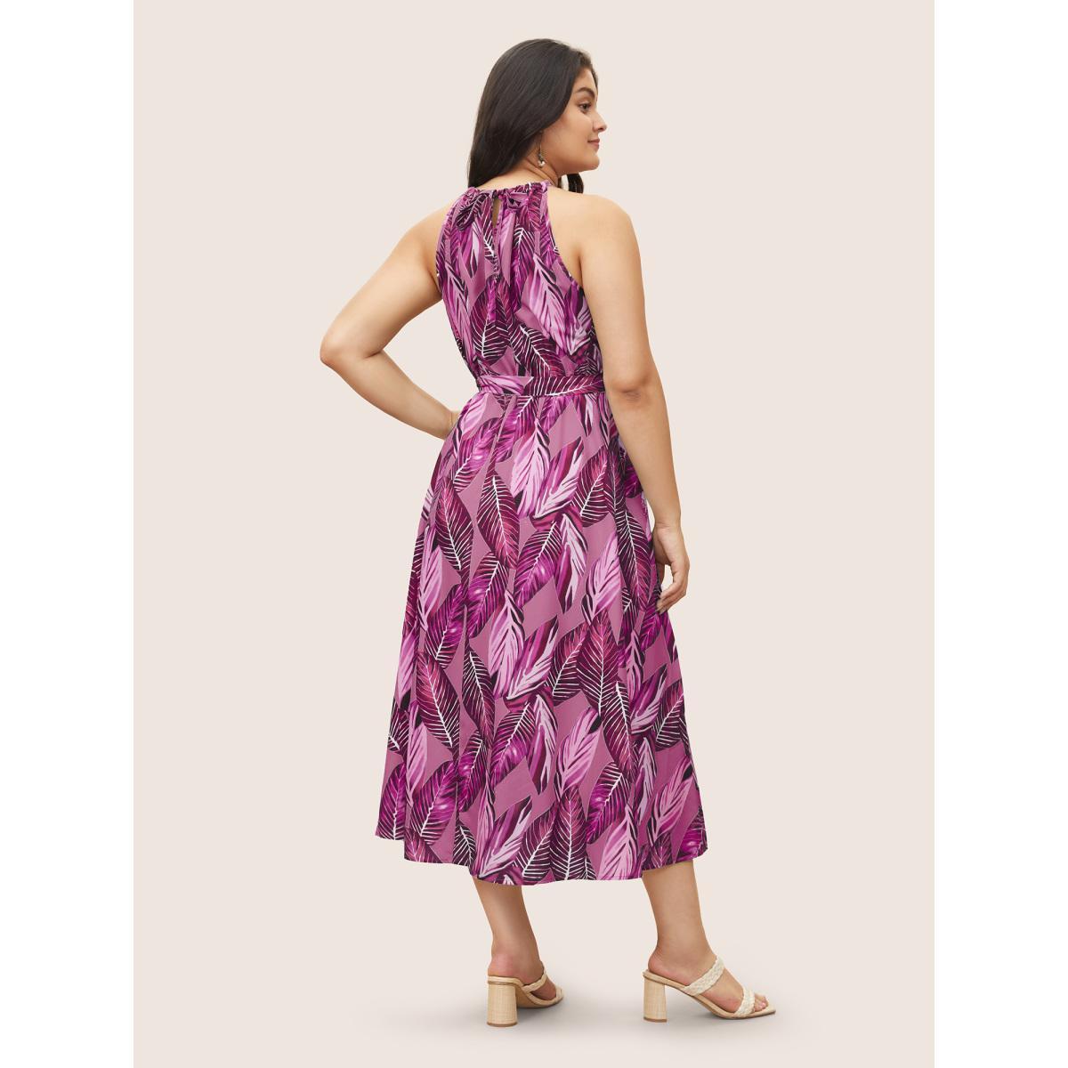 Plus Size Tropical Print Knotted Pocket Ruffles Belted Halter Dress Mediumblue Women Resort Non Halter neck Sleeveless Curvy Midi Dress BloomChic 26/4X Product Image