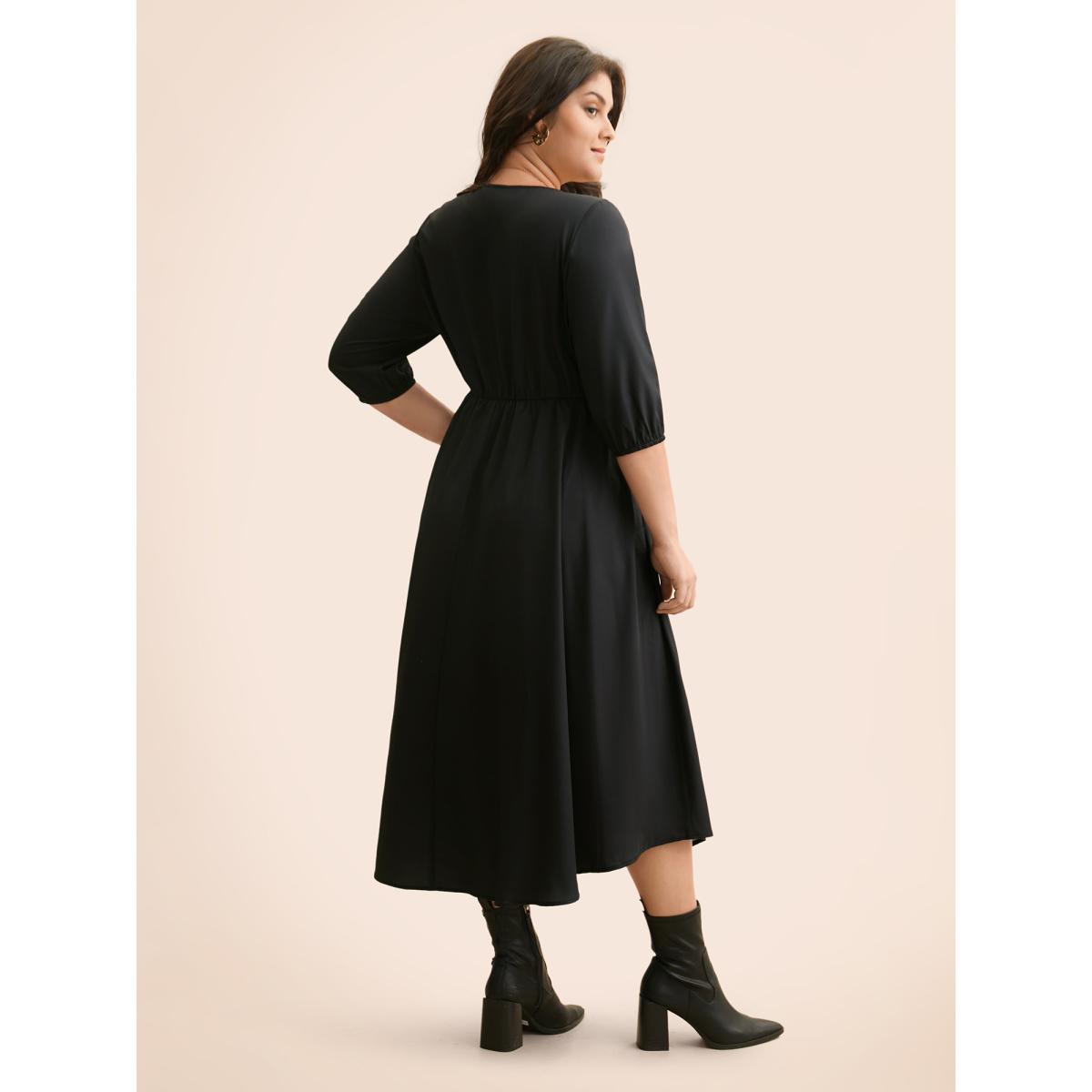 Plus Size Boho Print Lantern Sleeve Midi Dress BlackFlower Women Elegant Button V-neck Elbow-length sleeve Curvy BloomChic 14-16/1X Product Image