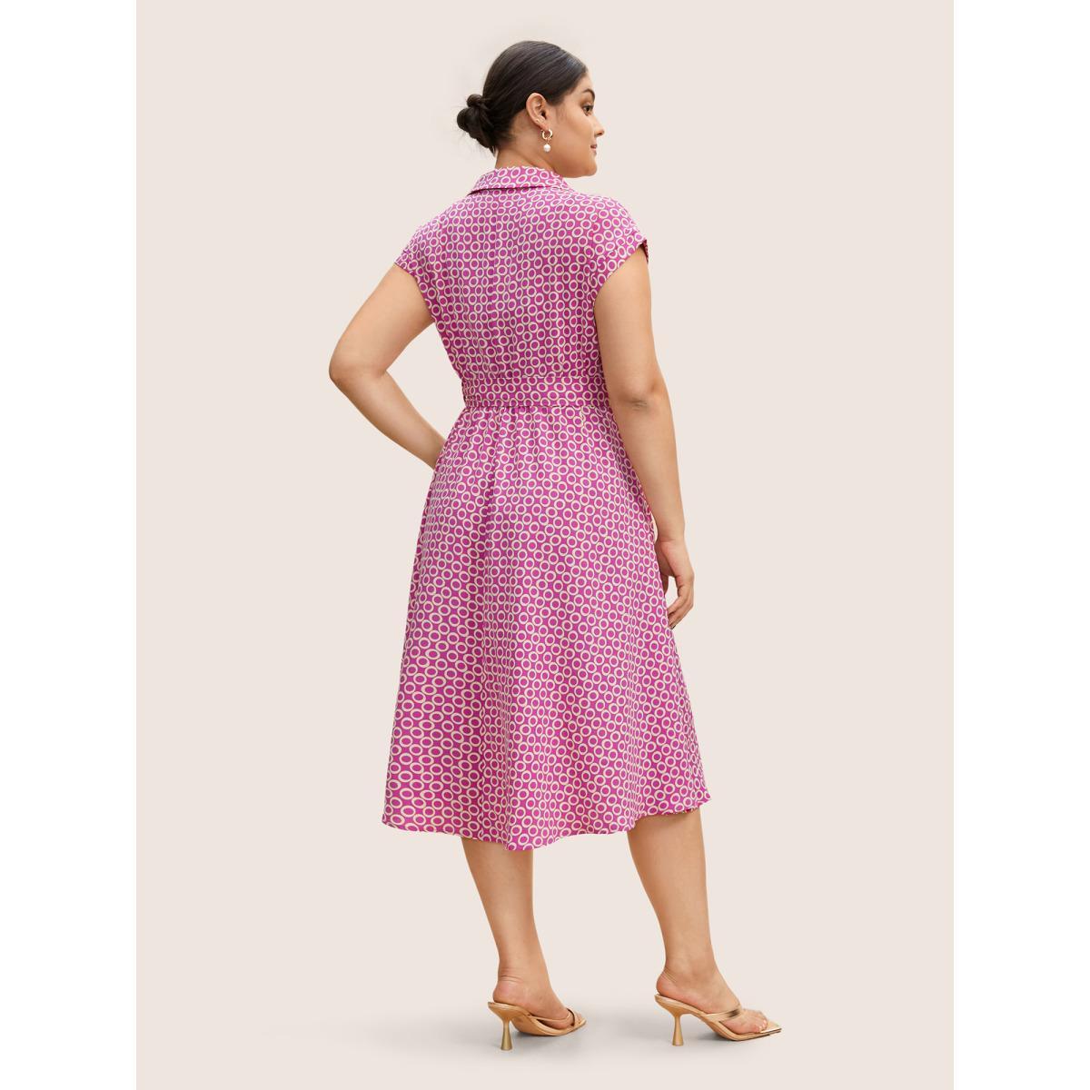 Plus Size Geometric Shirt Collar Cap Sleeve Midi Dress RedViolet Women Work From Home Belted Shirt collar Cap Sleeve Curvy BloomChic 14-16/1X Product Image