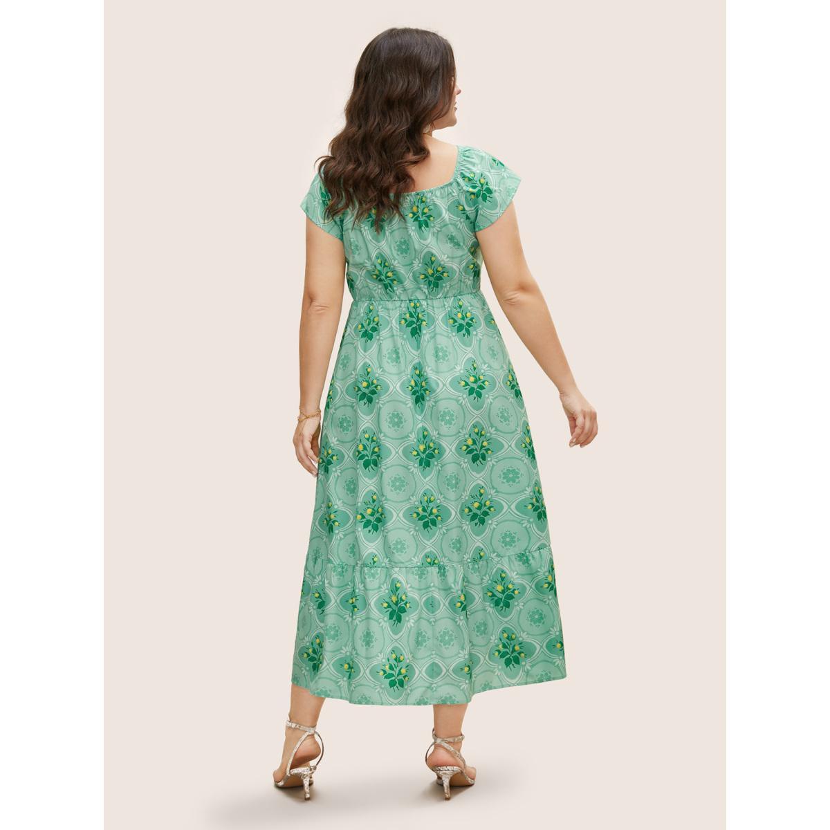 Plus Size Moroccan Print Ruffle Cap Sleeve Maxi Dress Palemauve Women Elegant Heart neckline Cap Sleeve Curvy BloomChic 22-24/3X Product Image