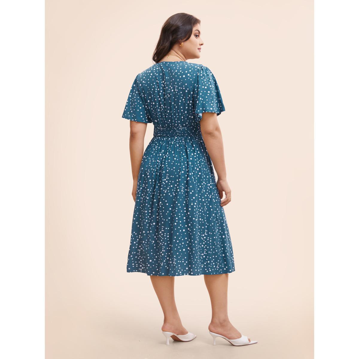Plus Size Polka Dot Wrap Pocket Shirred Ruffle Sleeve Dress Aegean Women Elegant Patchwork Curvy Midi Dress BloomChic 12/L Product Image
