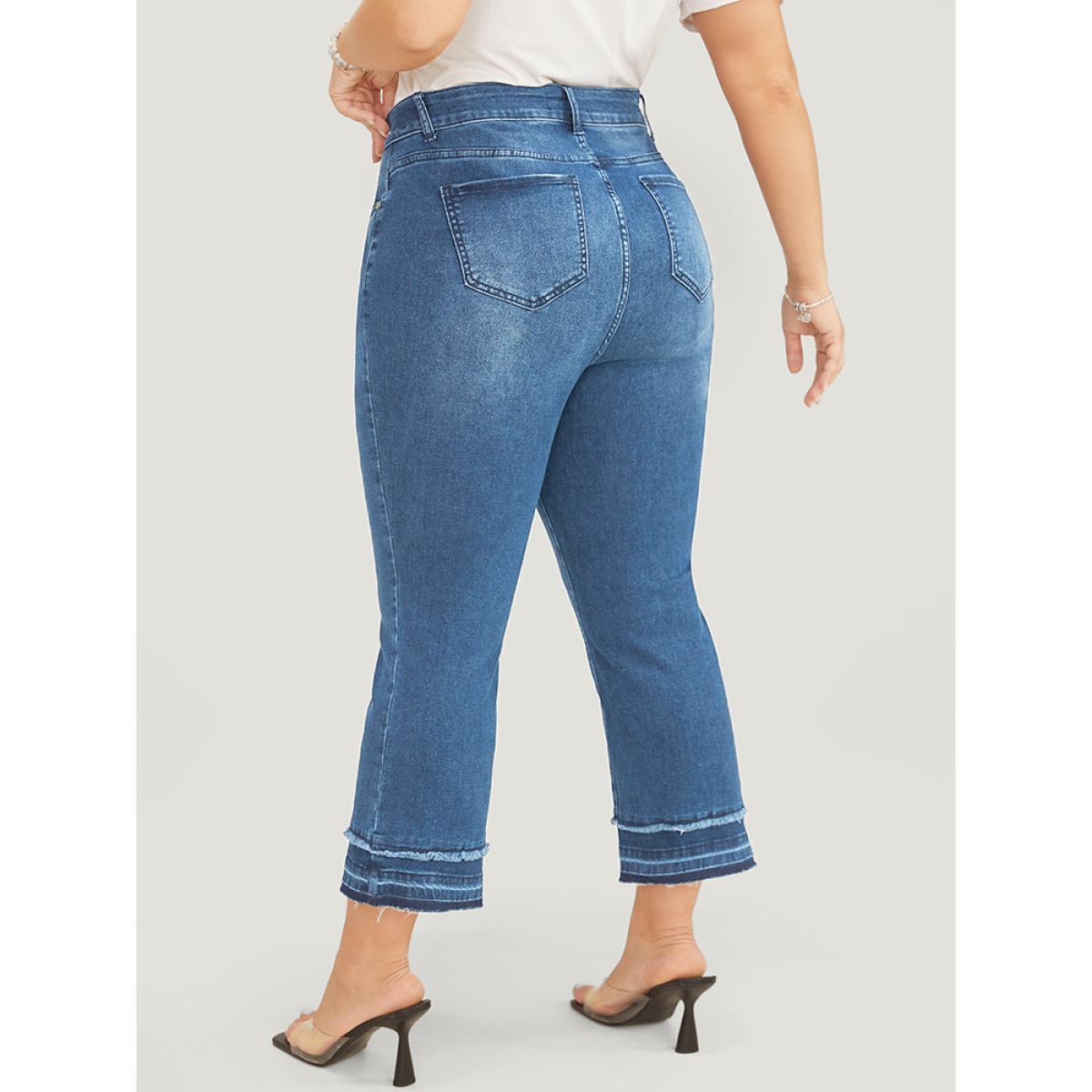Plus Size Bootcut Very Stretchy High Rise Dark Wash Fringe Detail Jeans Women Blue Casual Plain High stretch Slanted pocket Jeans BloomChic 26/4X Product Image