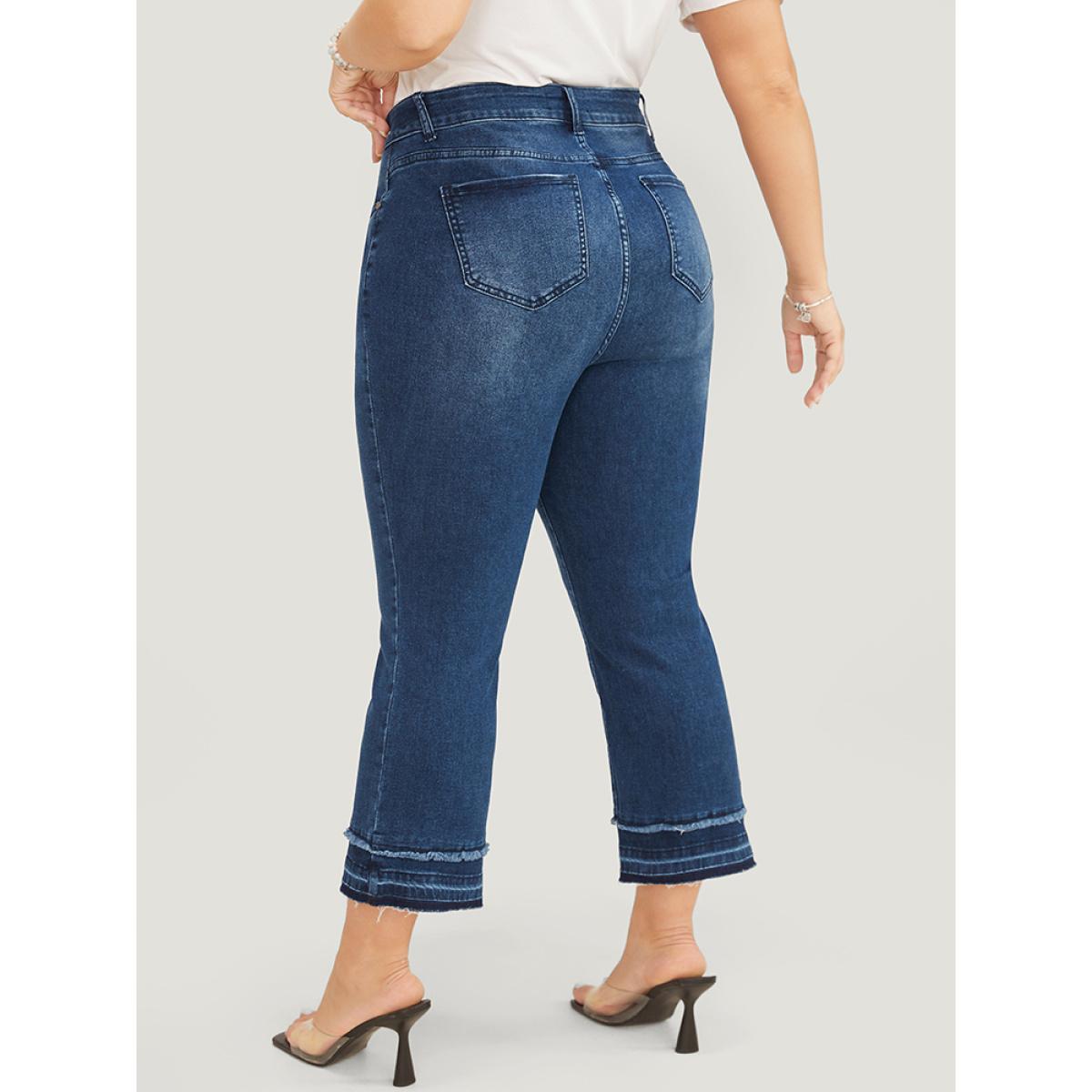 Plus Size Bootcut Very Stretchy High Rise Dark Wash Fringe Detail Jeans Women DarkBlue Casual Plain High stretch Slanted pocket Jeans BloomChic 28/5X Product Image