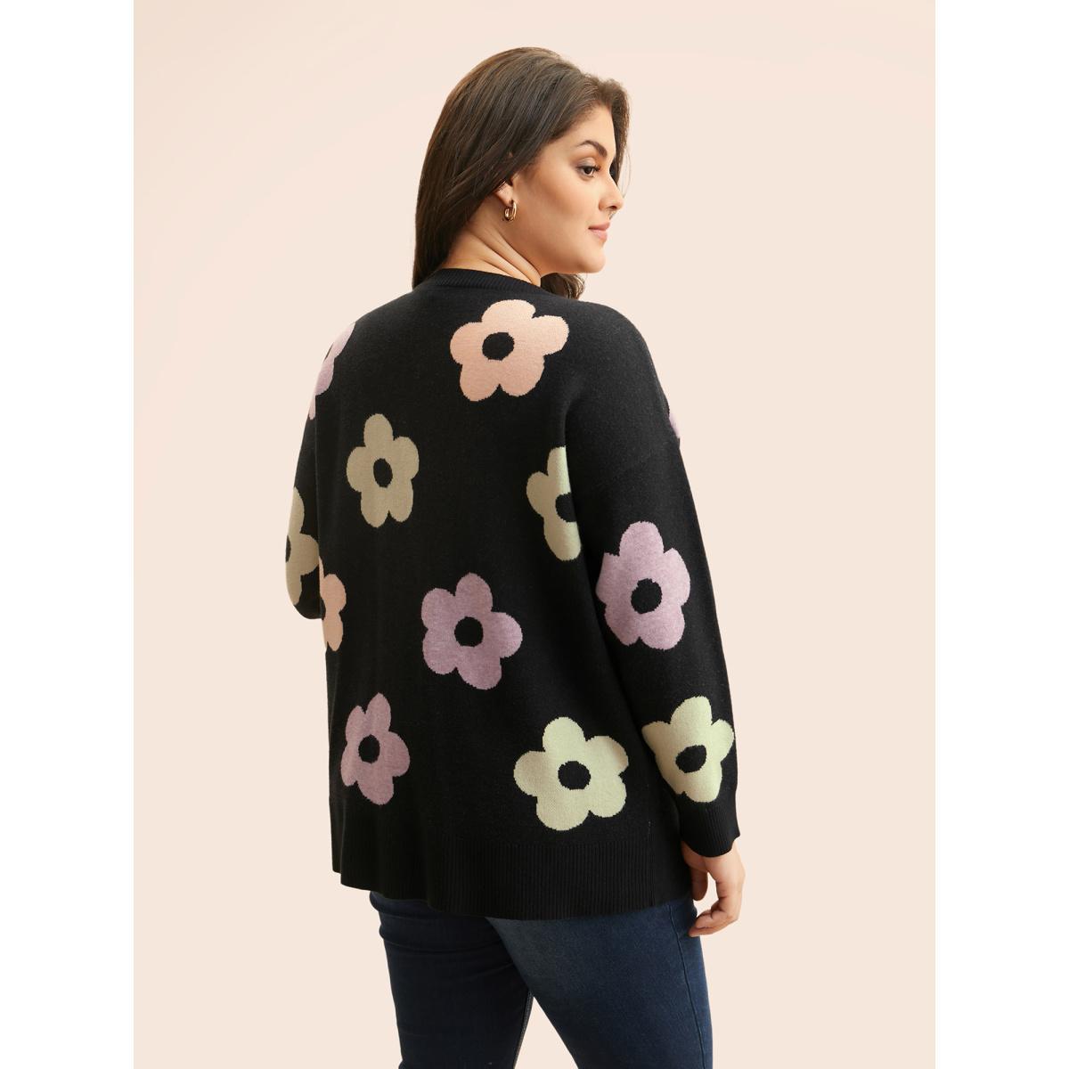 Plus Size Contrast Floral Drop Shoulder Cardigan Black Women Elegant Loose Long Sleeve Everyday Cardigans BloomChic 30/6X Product Image