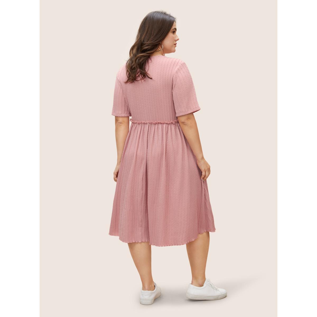 Plus Size Plain Textured Frill Trim Pocket Dress Pink Women Casual Frill Trim Round Neck Short sleeve Curvy BloomChic 12/L Product Image