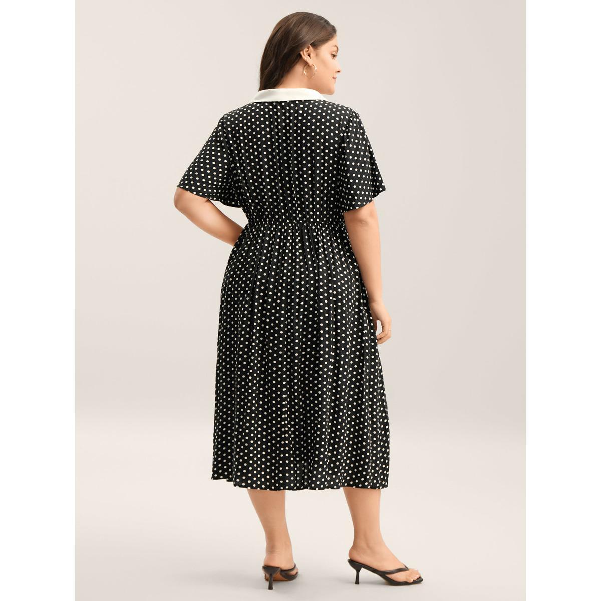 Plus Size Rayon Pretty Polka Dots Lapel Collar Dress BlackFlower Women Lapel Collar Short sleeve Curvy BloomChic 14-16/1X Product Image