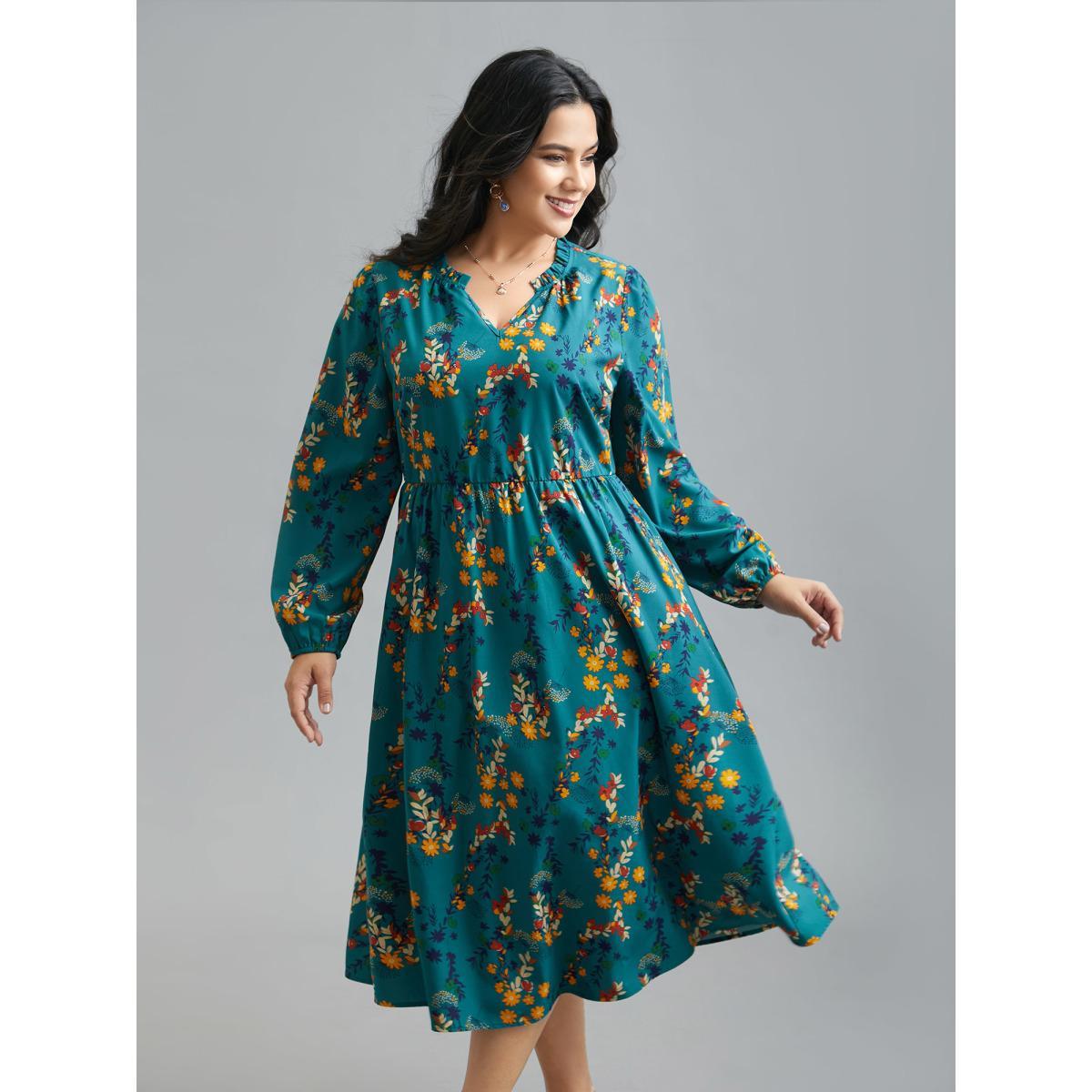 Plus Size Floral Print Ruffled Notched Collar Midi Dress Aegean Women Elegant Gathered Notched collar Long Sleeve Curvy BloomChic 12/L Product Image