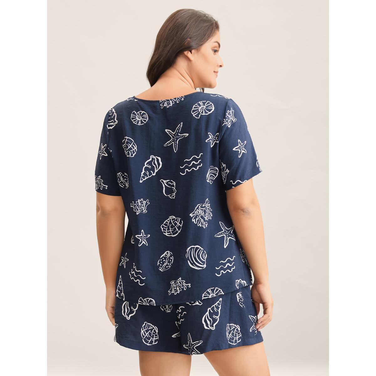Plus Size Seashore Print Lounge Co-Ord Set Women Indigo Non Short sleeve V-neck Loungewear Sets BloomChic 10/M Product Image