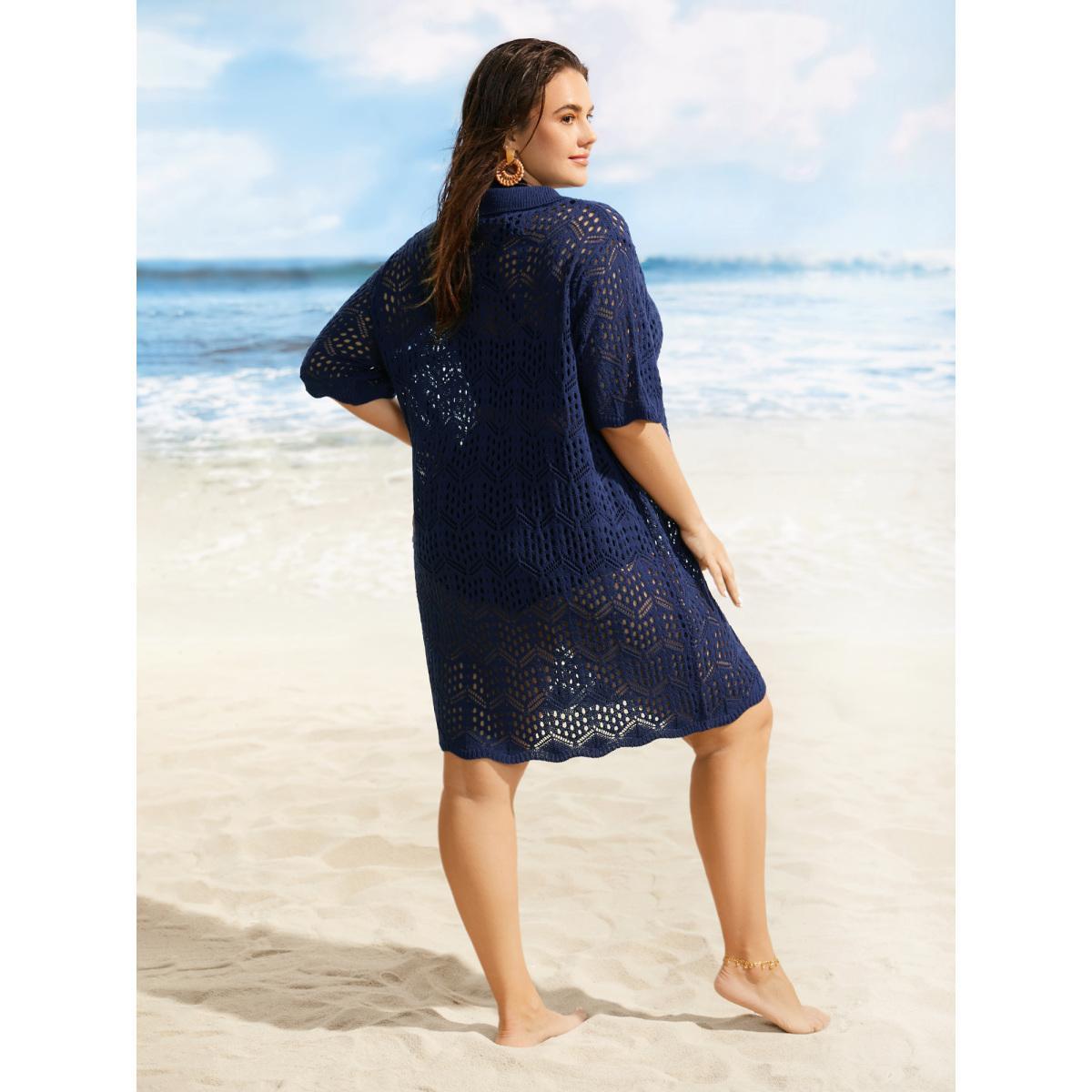 Plus Size Polo Neck Geometric Cut Out Swim Cover Up Women's Swimwear Indigo Beach Loose Texture Curve Swim Cover Ups BloomChic 14-16/1X Product Image