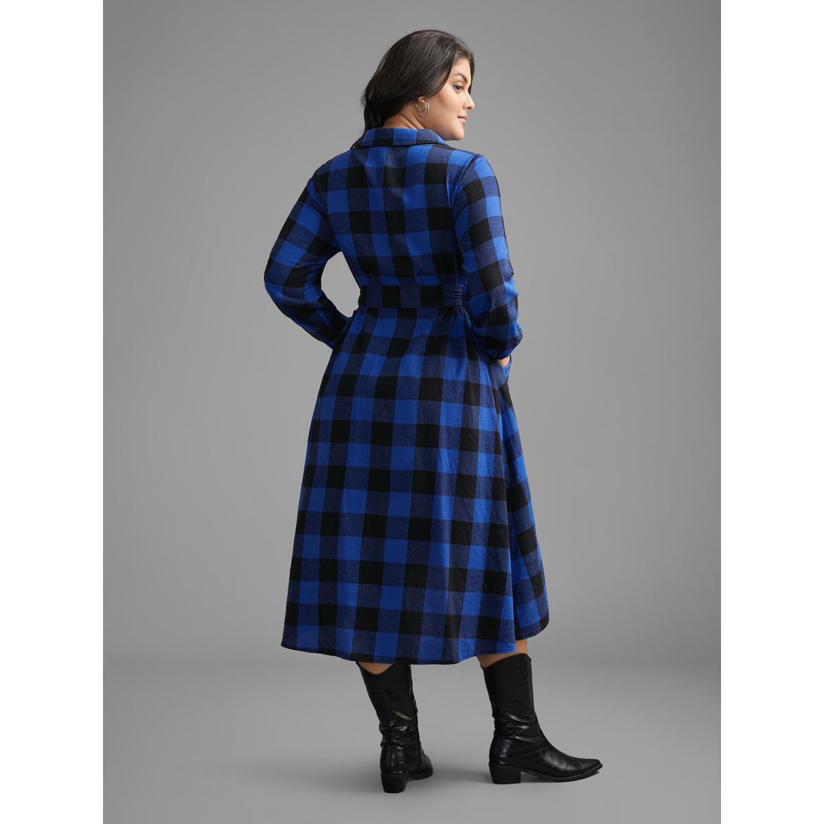 Plus Size Plaid Patch Pocket Belted Midi Dress DarkBlue Women Casual Belted Shirt collar Long Sleeve Curvy BloomChic 26/4X Product Image