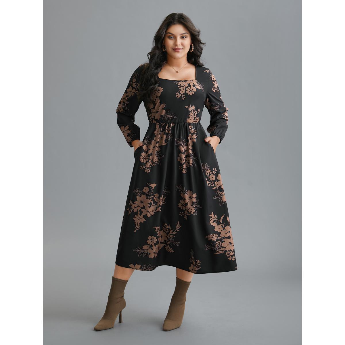 Plus Size Floral Square Neck Pocket Midi Dress Black Women Elegant Non Square Neck Long Sleeve Curvy BloomChic 28/5X Product Image