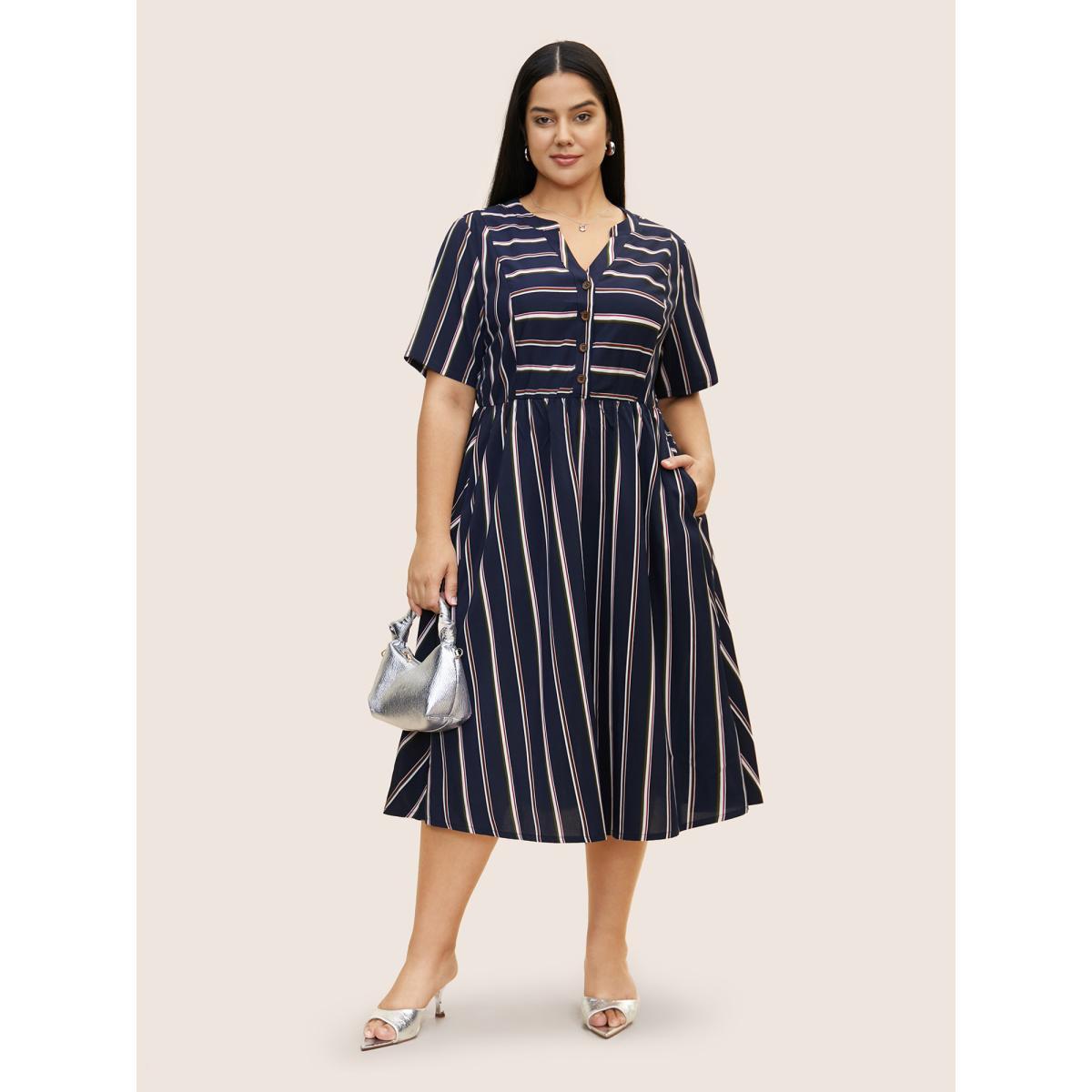 Plus Size Notched Collar Striped Elastic Waist Midi Dress DarkBlue Women At the Office Button Notched collar Short sleeve Curvy BloomChic 12/L Product Image