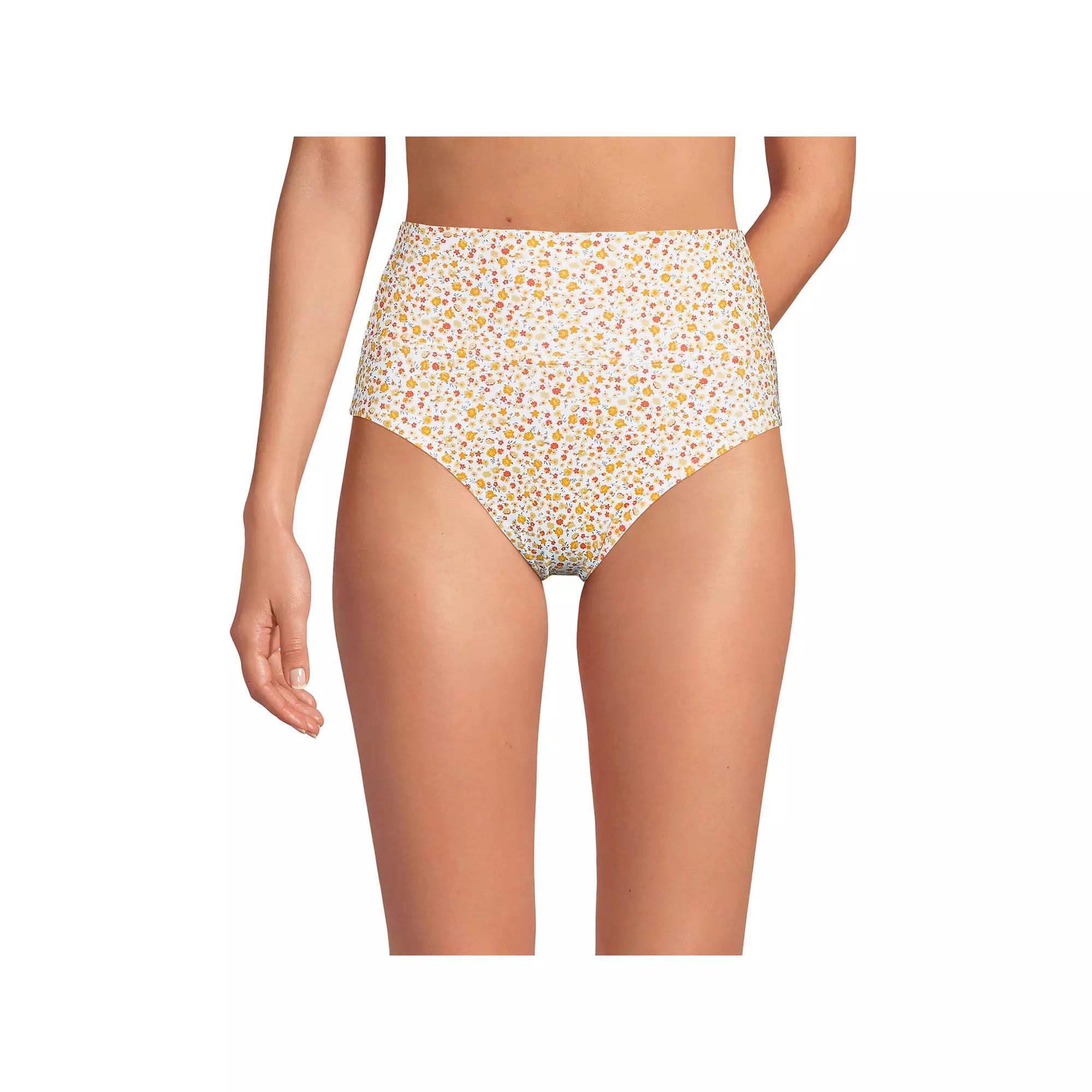 Women's Lands' End Chlorine Resistant Fold Over High Waisted Bikini Bottoms, Size: 12, Egret Yellow Floral Product Image