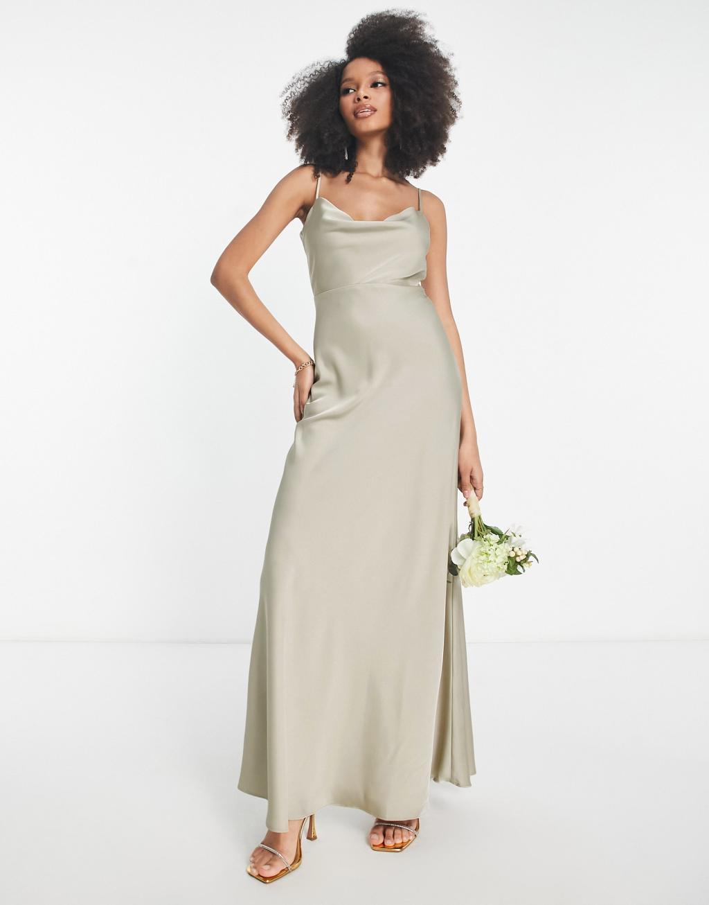 ASOS DESIGN Bridesmaid satin cowl neck maxi dress with full skirt Product Image