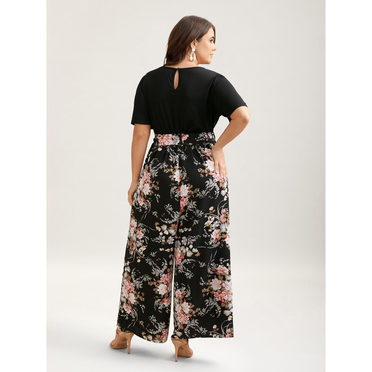 Plus Size Black Color Contrast Belted Panel Pockets Jumpsuit Women Elegant Short sleeve Square Neck Everyday-Elegant Loose Jumpsuits BloomChic 10/M Product Image