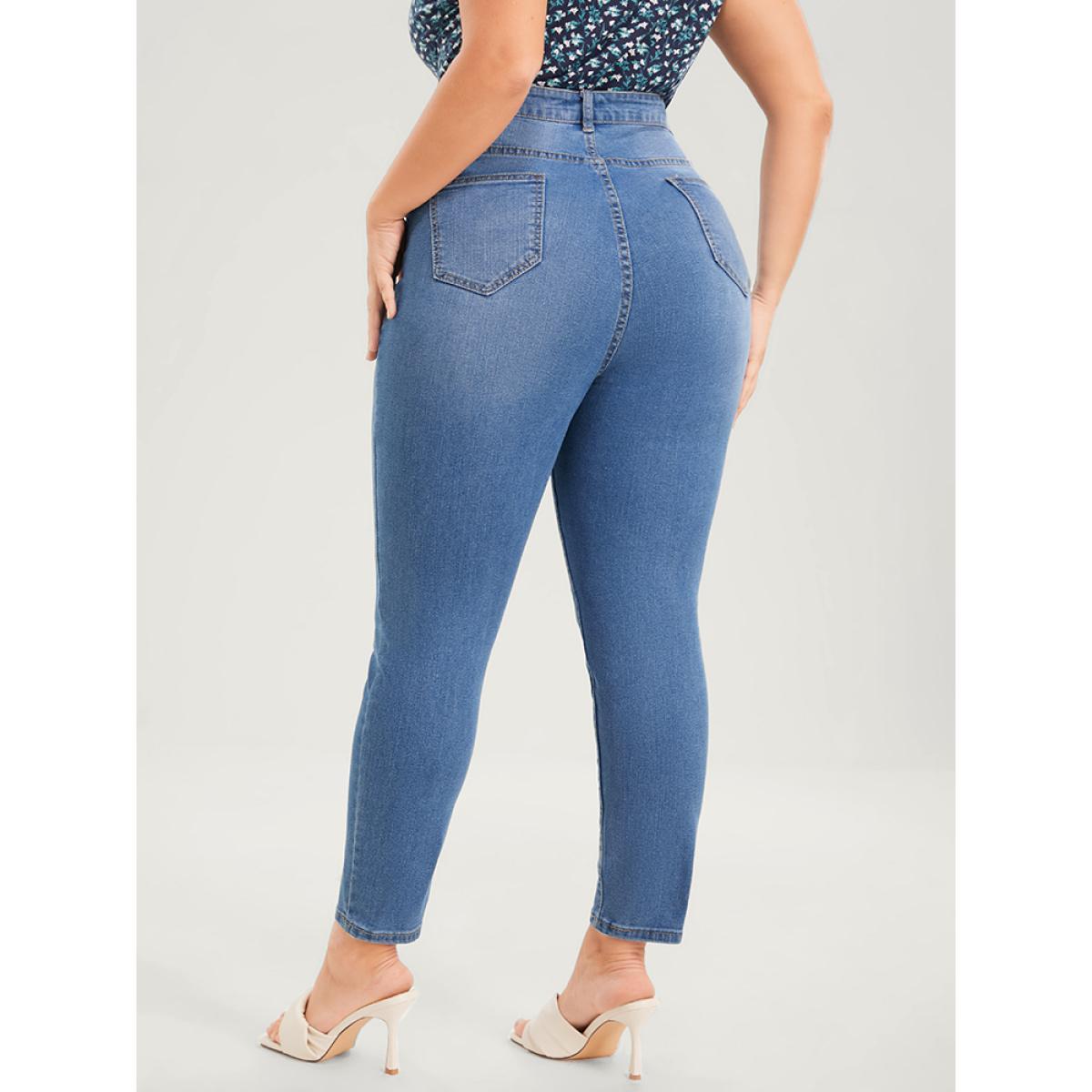 Plus Size Skinny Very Stretchy High Rise Medium Wash Distressed Ankle Jeans Women Blue Casual Plain Plain High stretch Pocket Jeans BloomChic 22/3X Product Image
