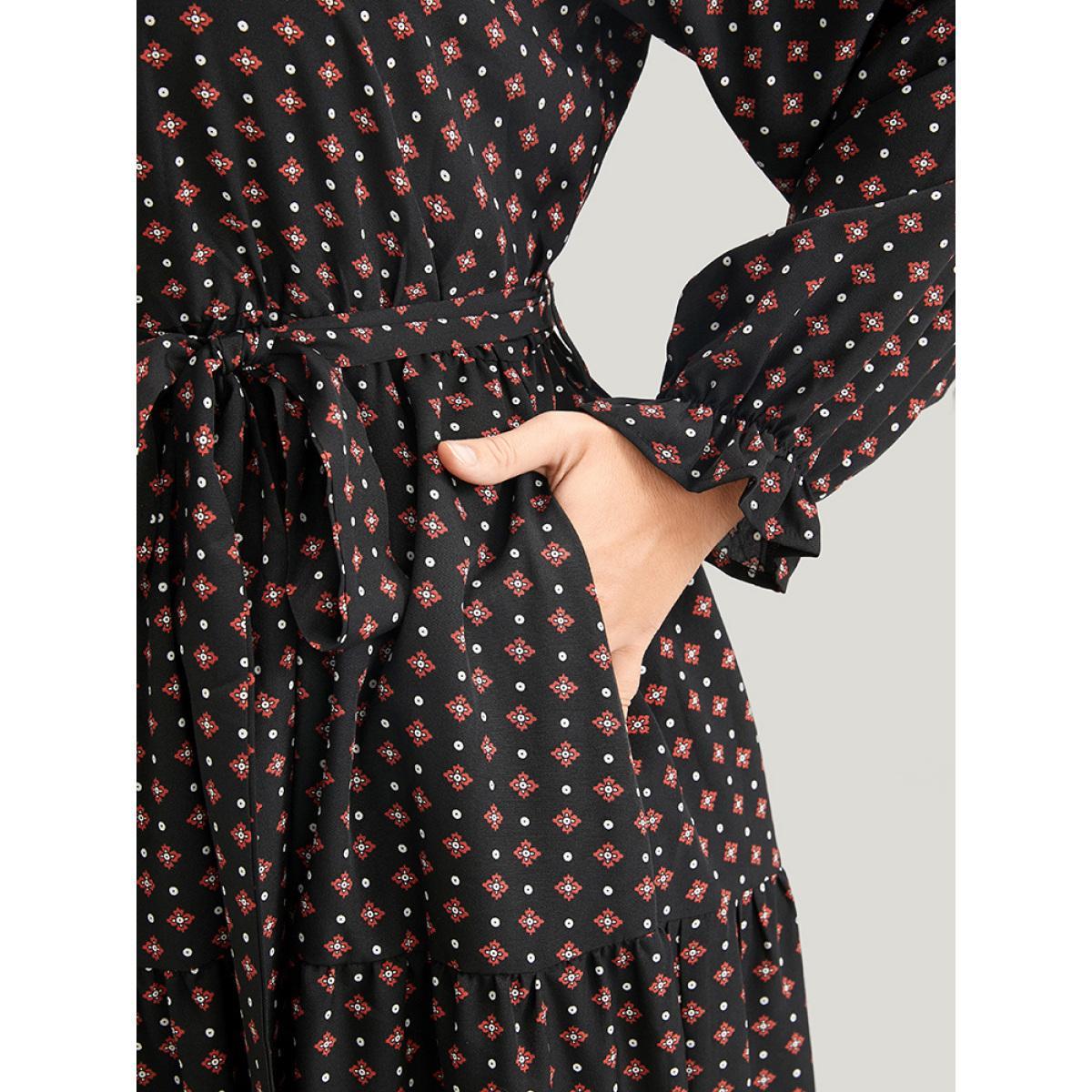 Plus Size Geometric Belted Lantern Sleeve Pocket Ruffle Tiered Dress Black Women Elegant Pocket V-neck Long Sleeve Curvy Midi Dress BloomChic 10/M Product Image