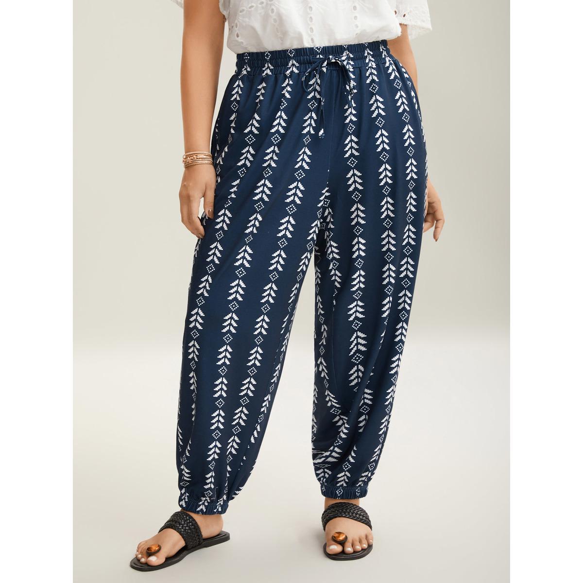 Plus Size Boho Geometric Print Stretchy Waist Pants Women Indigo Casual Mid Rise Everyday Pants BloomChic 12/L Product Image