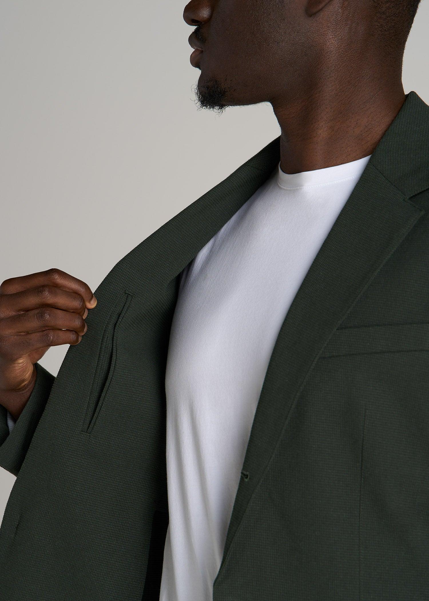 Textured Garment Washed Stretch Cotton Tall Blazer in Dark Olive Green Product Image