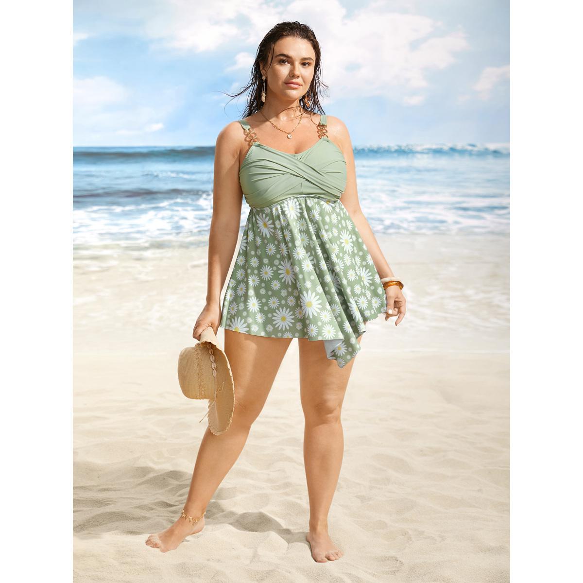 Plus Size Floral Patchwork Twist Front Buckle Detail Swim Dress Women's Swimwear LightGreen Beach Bodycon Heart neckline High stretch Curve Swim Dresses BloomChic 26/4X Product Image