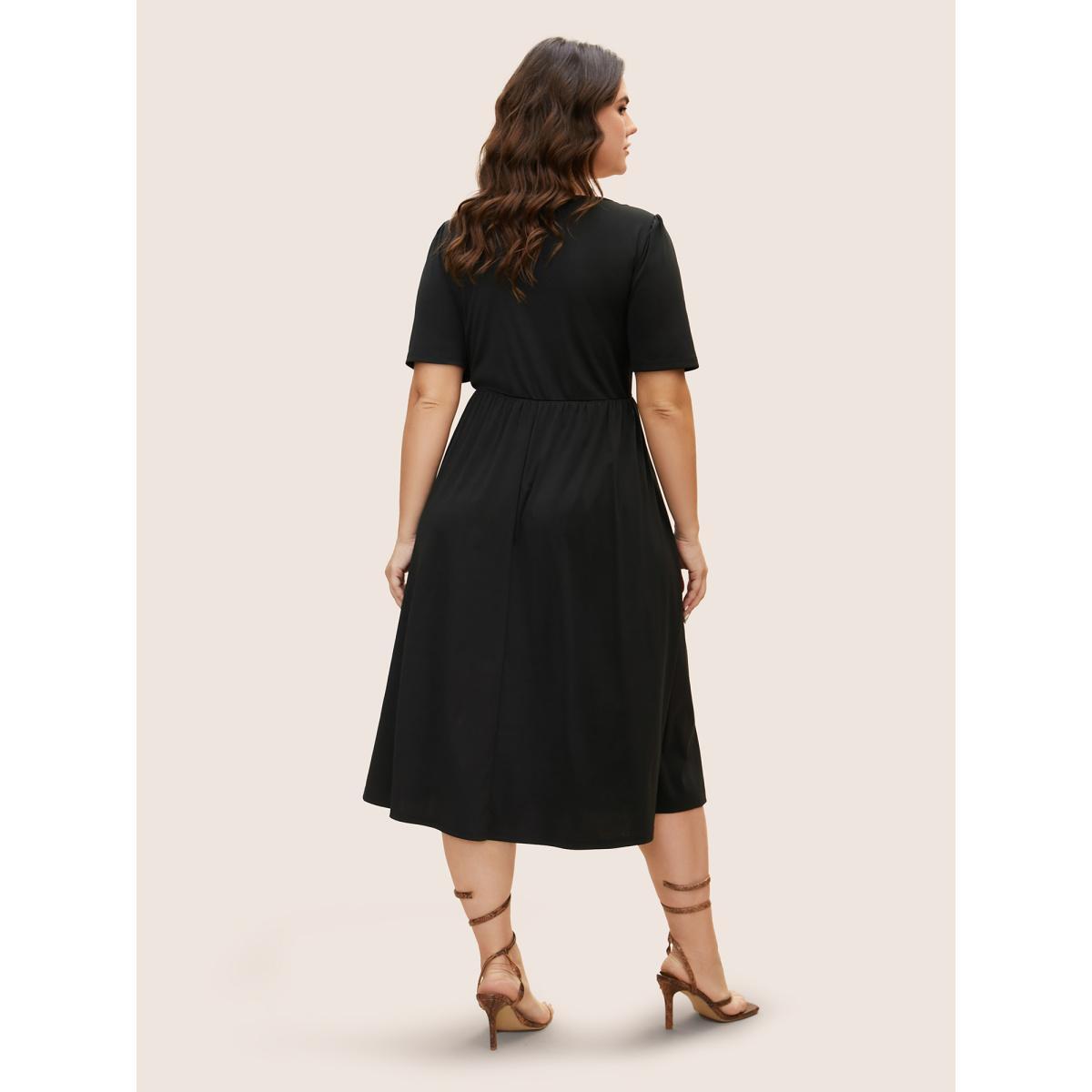 Plus Size V Neck Button Detail Elastic Waist Midi Dress Black Women At the Office Button V-neck Short sleeve Curvy BloomChic 30/6X Product Image