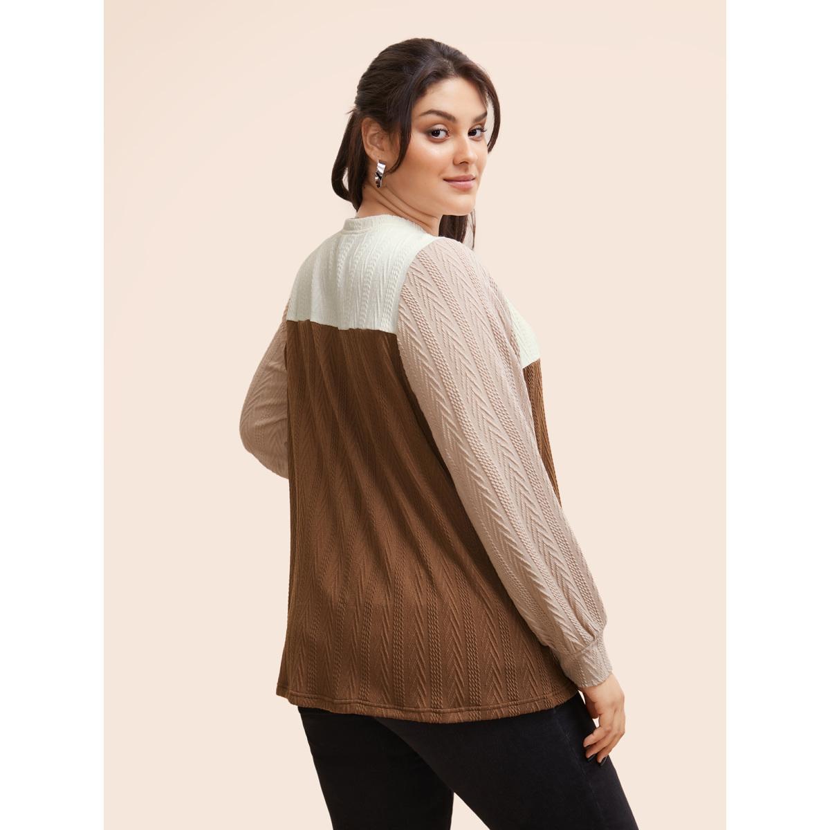Plus Size Colorblock Contrast Textured Button Up T-shirt Multicolor Women Casual Texture Round Neck Everyday T-shirts BloomChic 26/4X Product Image