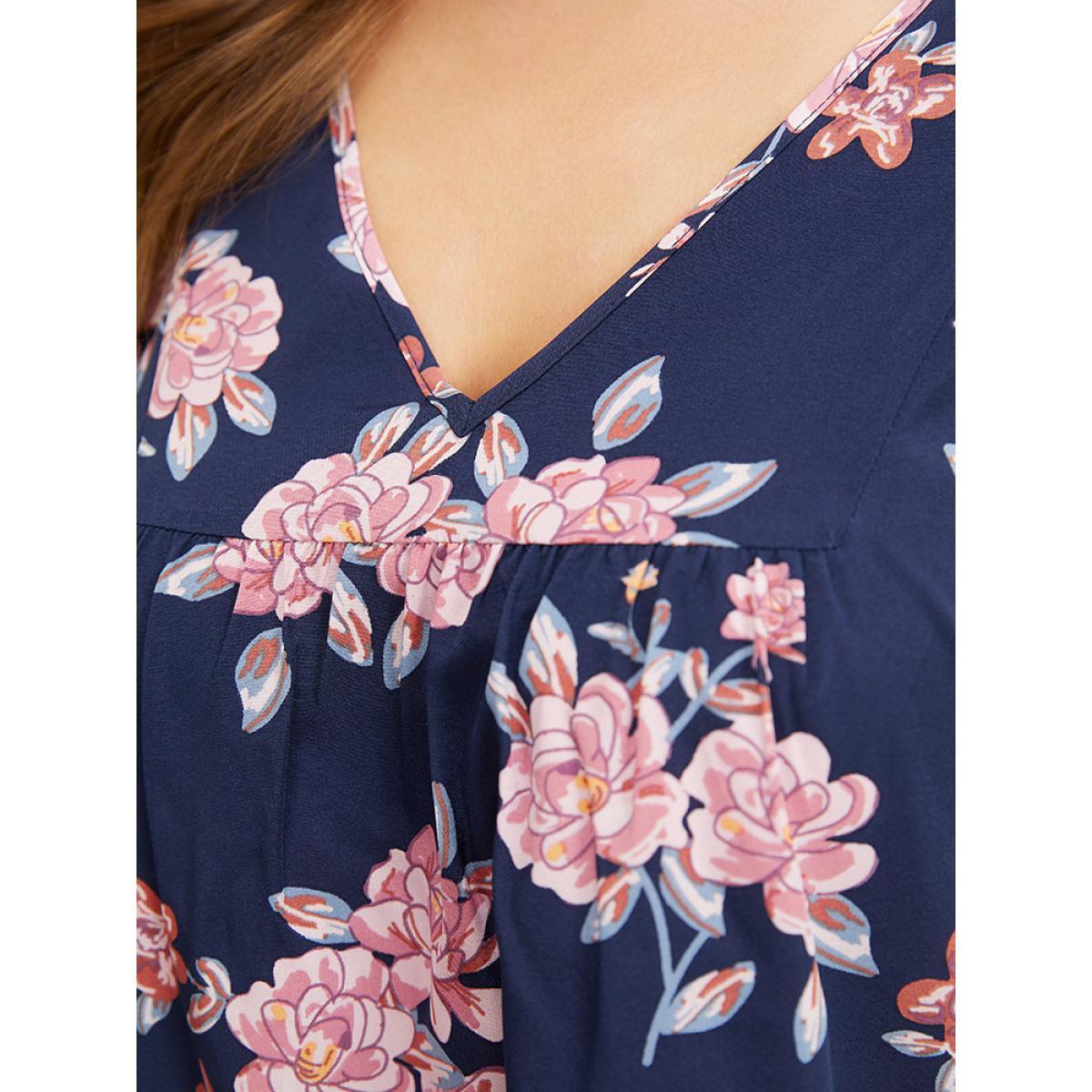 Plus Size Indigo Floral Printed Gathered Ruffle Sleeve Blouse Women Elegant Half Sleeve V-neck Dailywear Blouses BloomChic 14-16/1X Product Image