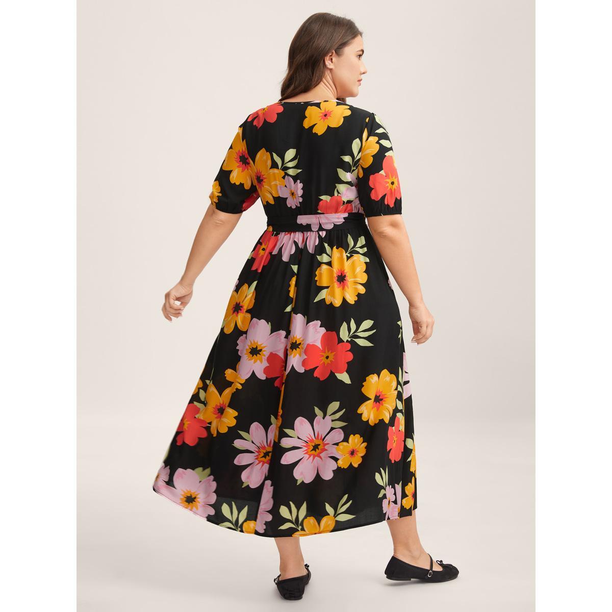 Plus Size Rayon Sunkissed Florals Belted Pockets Midi Dress Black Women Heart neckline Short sleeve Curvy BloomChic 18-20/2X Product Image