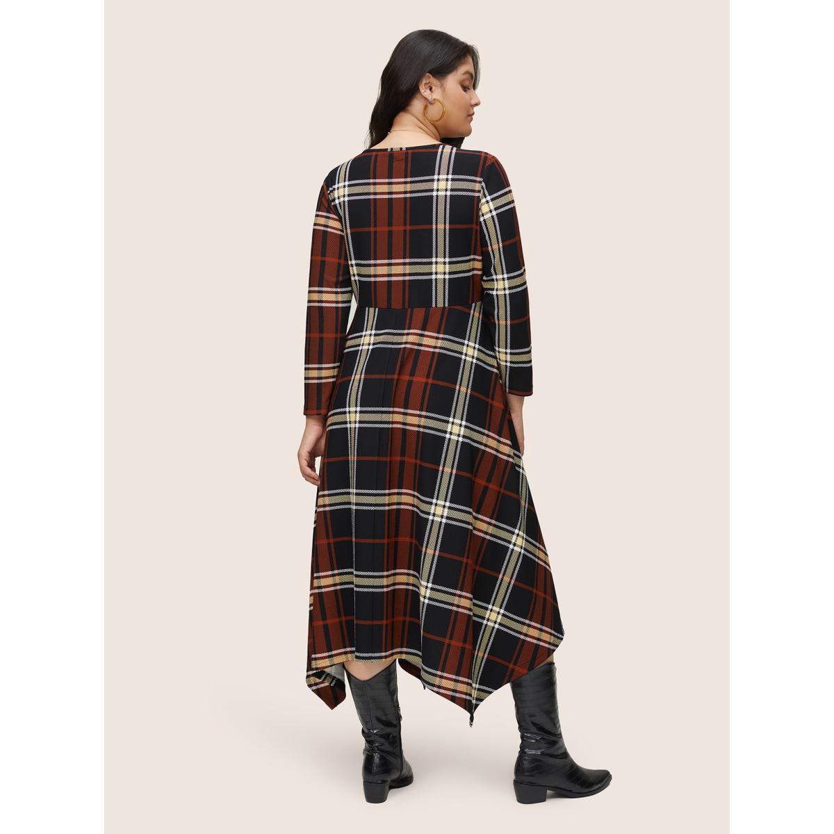 Plus Size Christmas Plaid Button Detail Hanky Hem Dress Black Women Casual Printed V-neck Long Sleeve Curvy Midi Dress BloomChic 18-20/2X Product Image