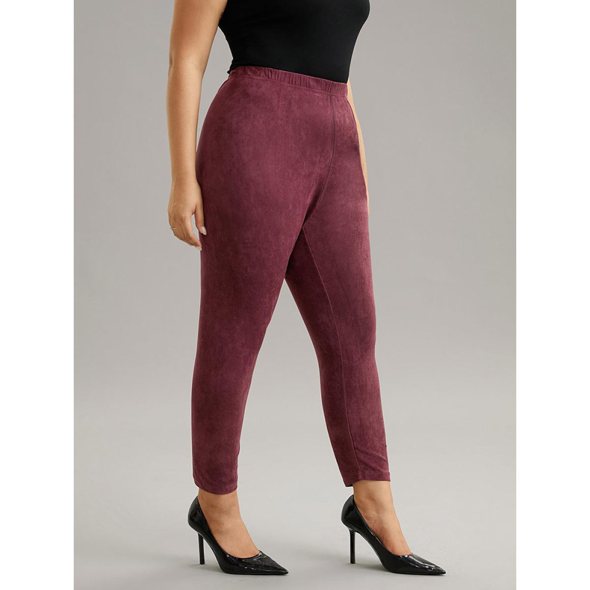 Plus Size Solid Elastic Waist Texture Very Stretchy Leggings Women Burgundy Elegant High stretch Skinny High Rise Dailywear Leggings BloomChic 30/6X Product Image