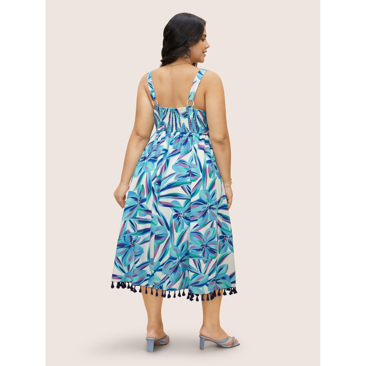 Plus Size Floral Tassel Trim Elastic Waist Pocket Dress Cerulean Women Resort Tie knot Non Sleeveless Curvy BloomChic 22-24/3X Product Image