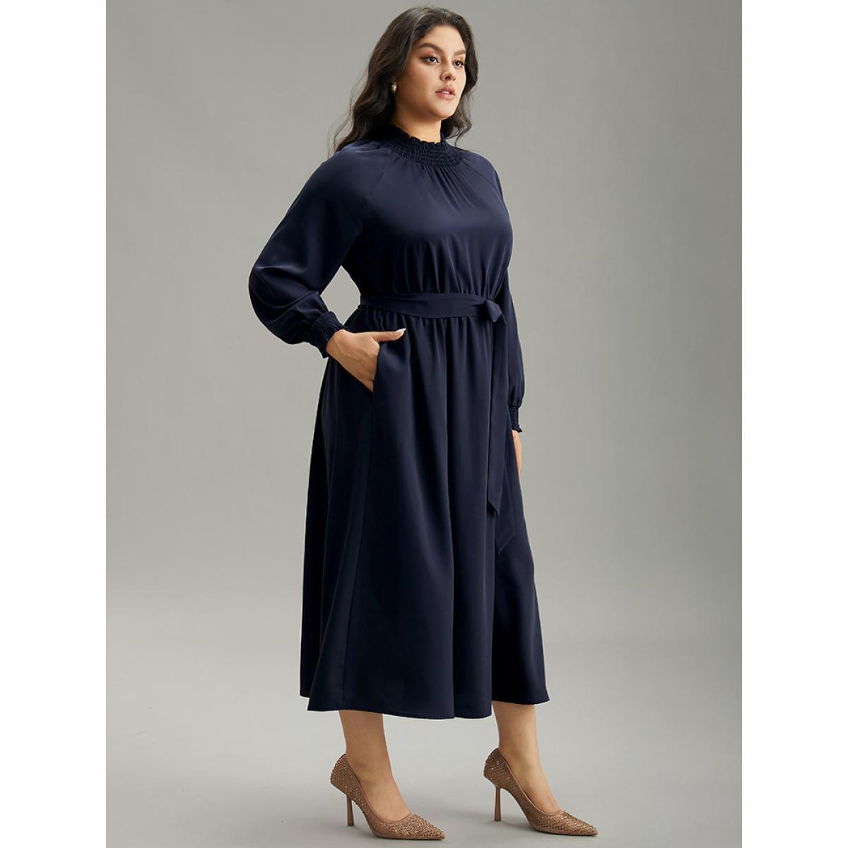 Plus Size Anti-Wrinkle Plain Shirred Mock Neck Belted Dress DarkBlue Women Elegant Elastic cuffs Mock Neck Long Sleeve Curvy Midi Dress BloomChic 18-20/2X Product Image