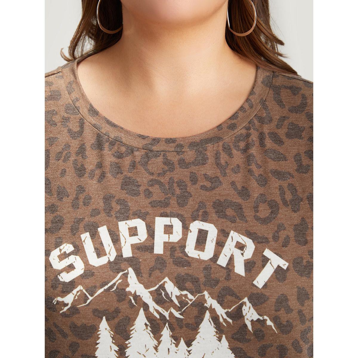 Plus Size Leopard Graphic & Letter Print Crew Neck T-shirt Multicolor Women Casual Landscape Dailywear T-shirts BloomChic 12/L Product Image