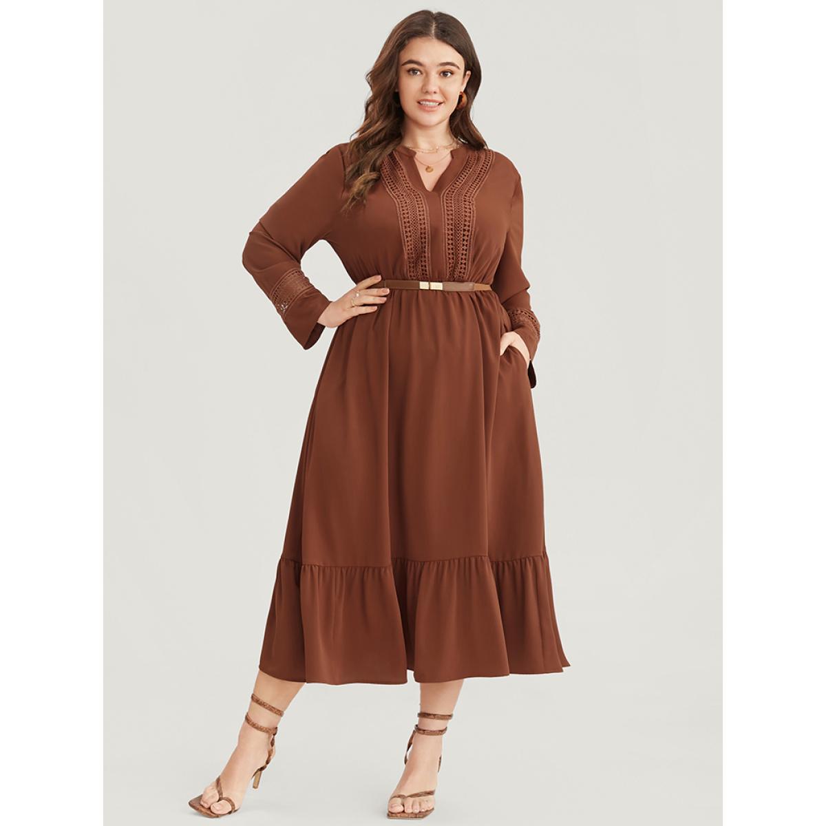 Plus Size Solid V Neck Pocket Contrast Lace Ruffle Hem Dress Russet Women Office Patchwork V-neck Long Sleeve Curvy Midi Dress BloomChic 18-20/2X Product Image