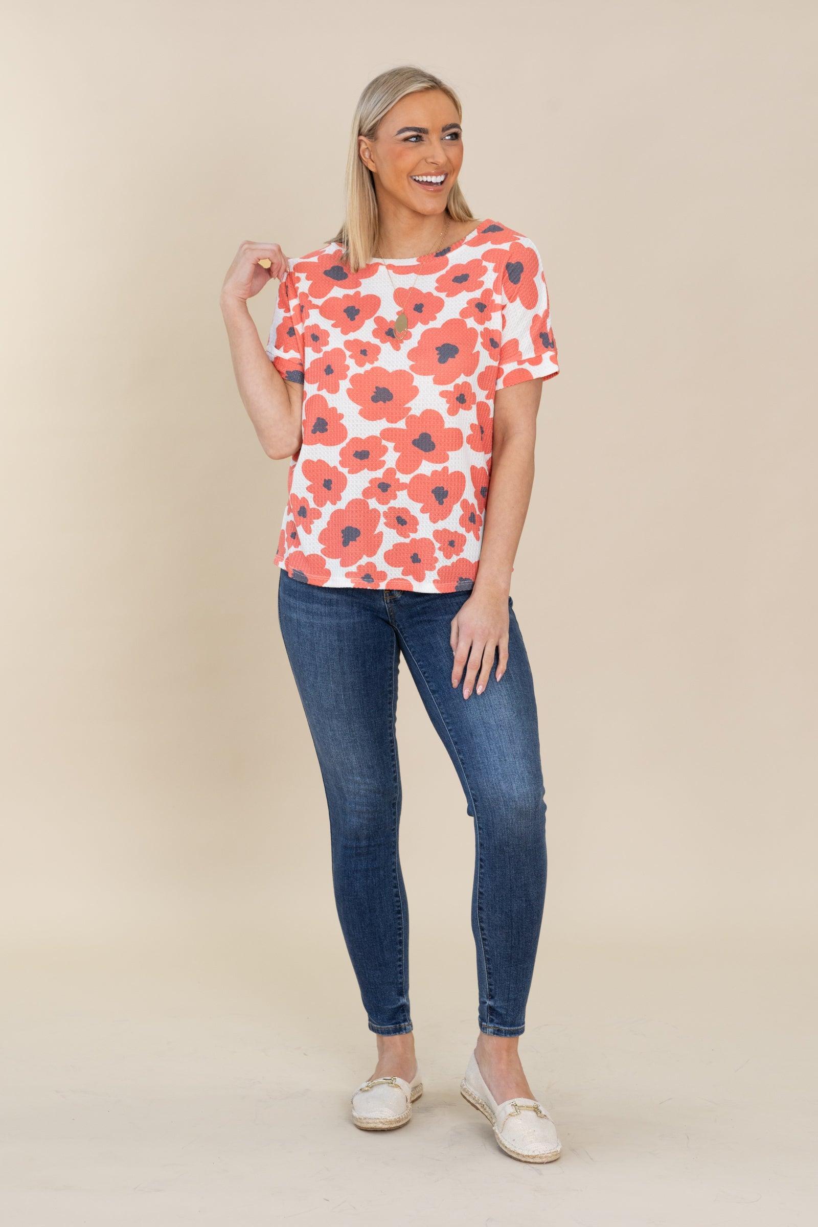 White With Coral Floral Print Waffle Knit Top Product Image