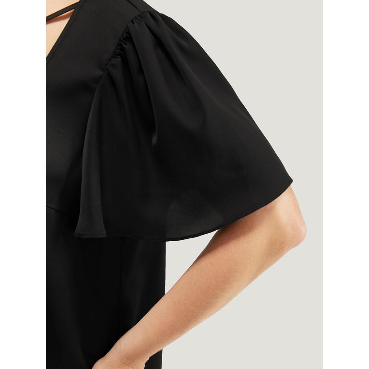 Plus Size Black Solid Crisscross Notched Square Neck Ruffle Sleeve Blouse Women Elegant Short sleeve Notched collar Dailywear Blouses BloomChic 30/6X Product Image
