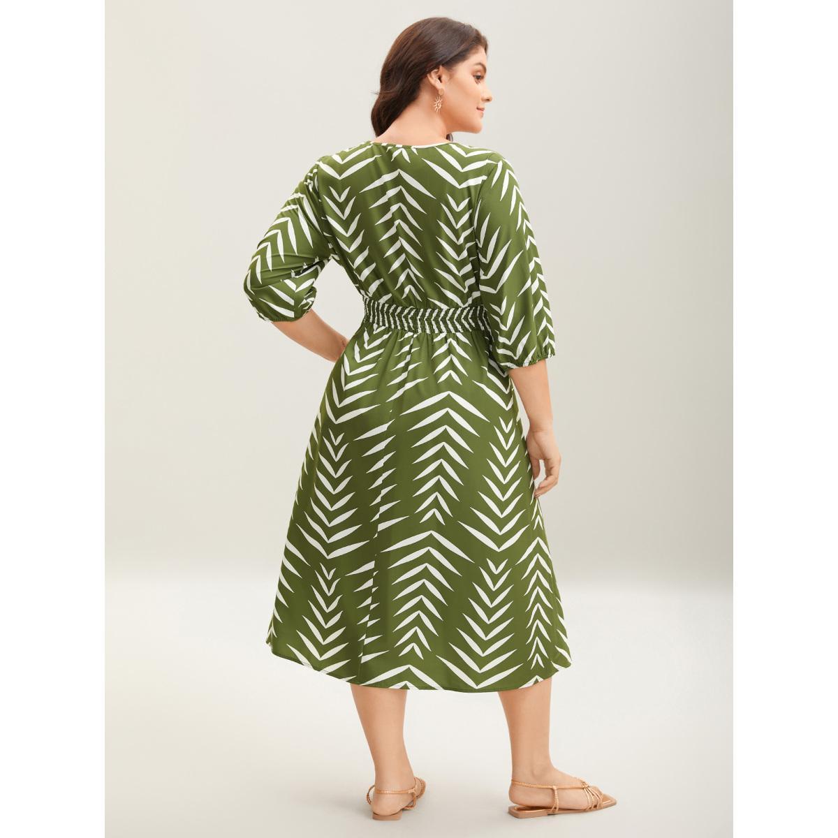Plus Size Tree Print Wrap Shirred Pockets Midi Dress Olive Women Shirred Overlap Collar Elbow-length sleeve Curvy BloomChic 10/M Product Image