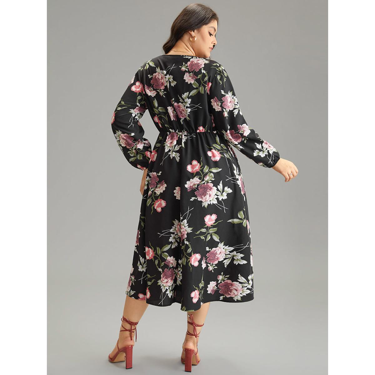 Plus Size Floral Print Pocket Button Detail Pleated Dress BlackFlower Women Elegant Elastic cuffs V-neck Long Sleeve Curvy Midi Dress BloomChic 12/L Product Image