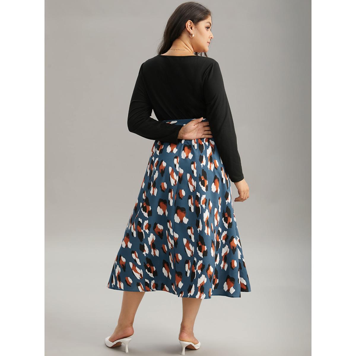 Plus Size Allover Print Patchwork Belted Pocket Dress Black Women Office Printed Round Neck Long Sleeve Curvy Midi Dress BloomChic 26/4X Product Image